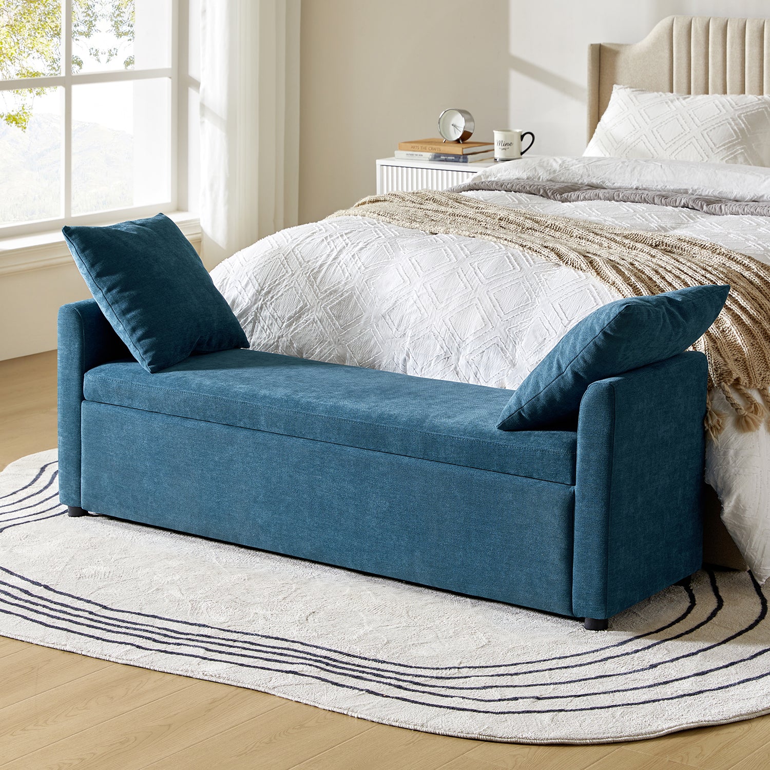 59" Storage Bench Upholstered Bed End Foot Stool 2 Throw Pillows Bedroom Entryway Living Room