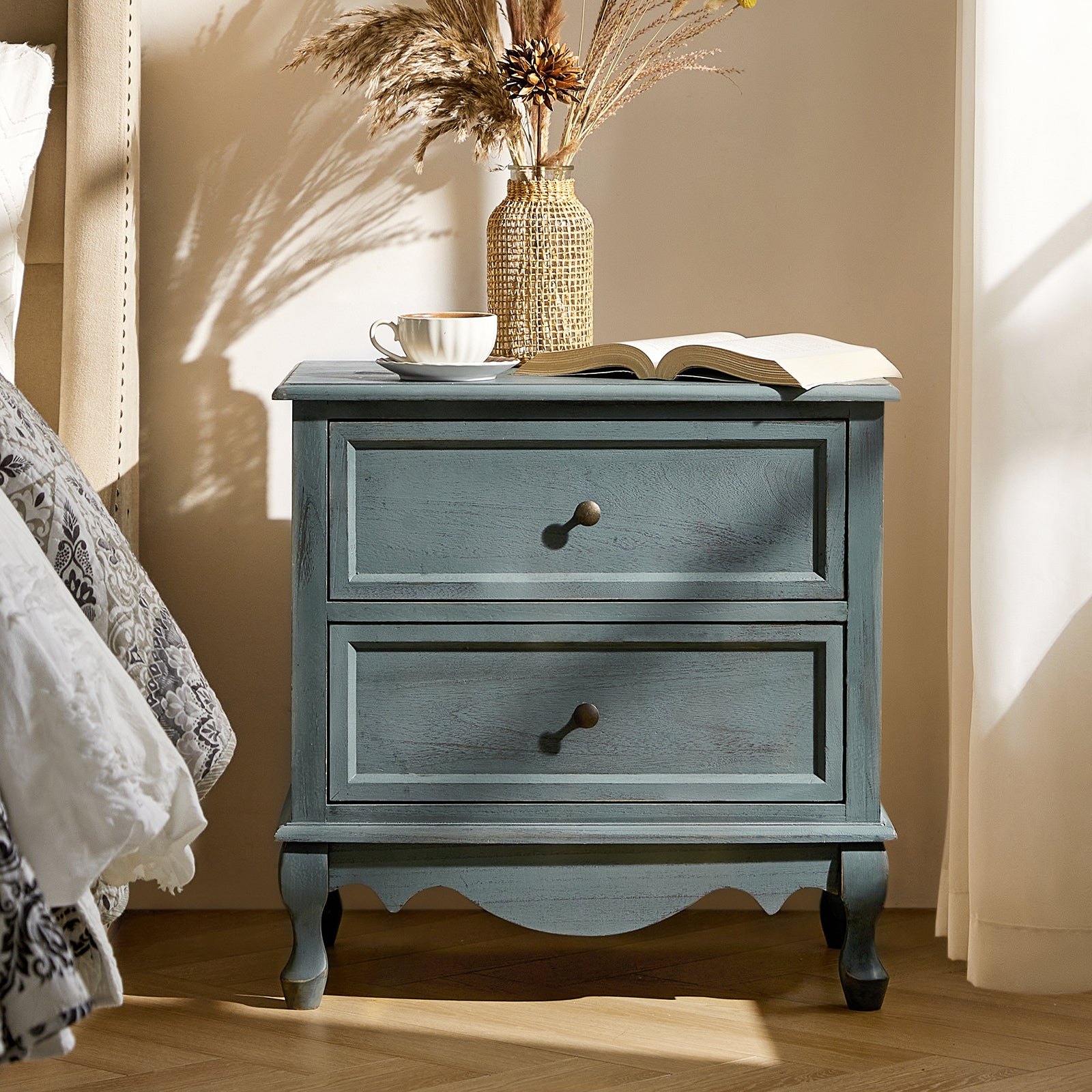 Wooden Nightstand with Charging Station Space 2 Drawers Bedside Table Bedroom Living Room