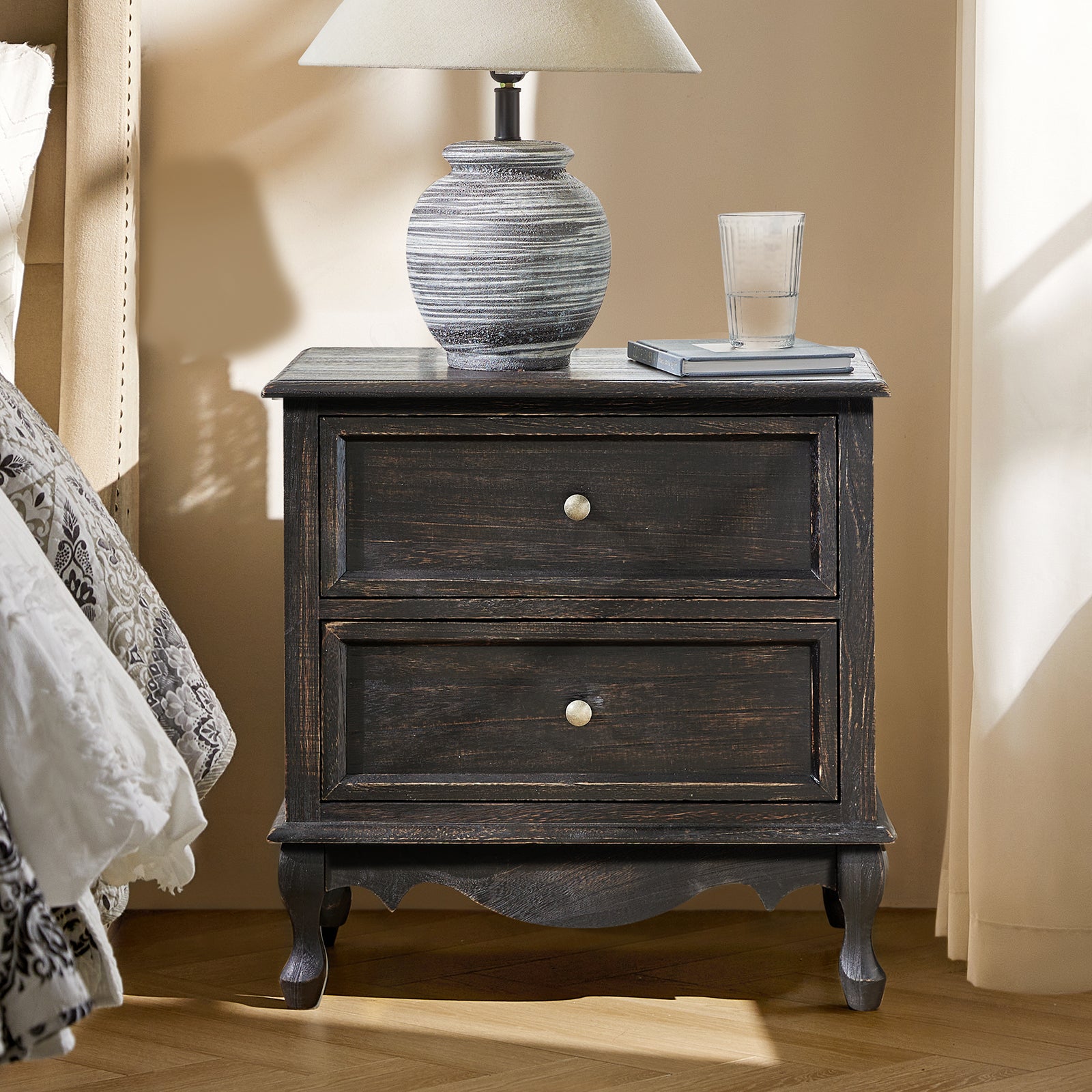 Wooden Nightstand with Charging Station Space 2 Drawers Bedside Table Bedroom Living Room