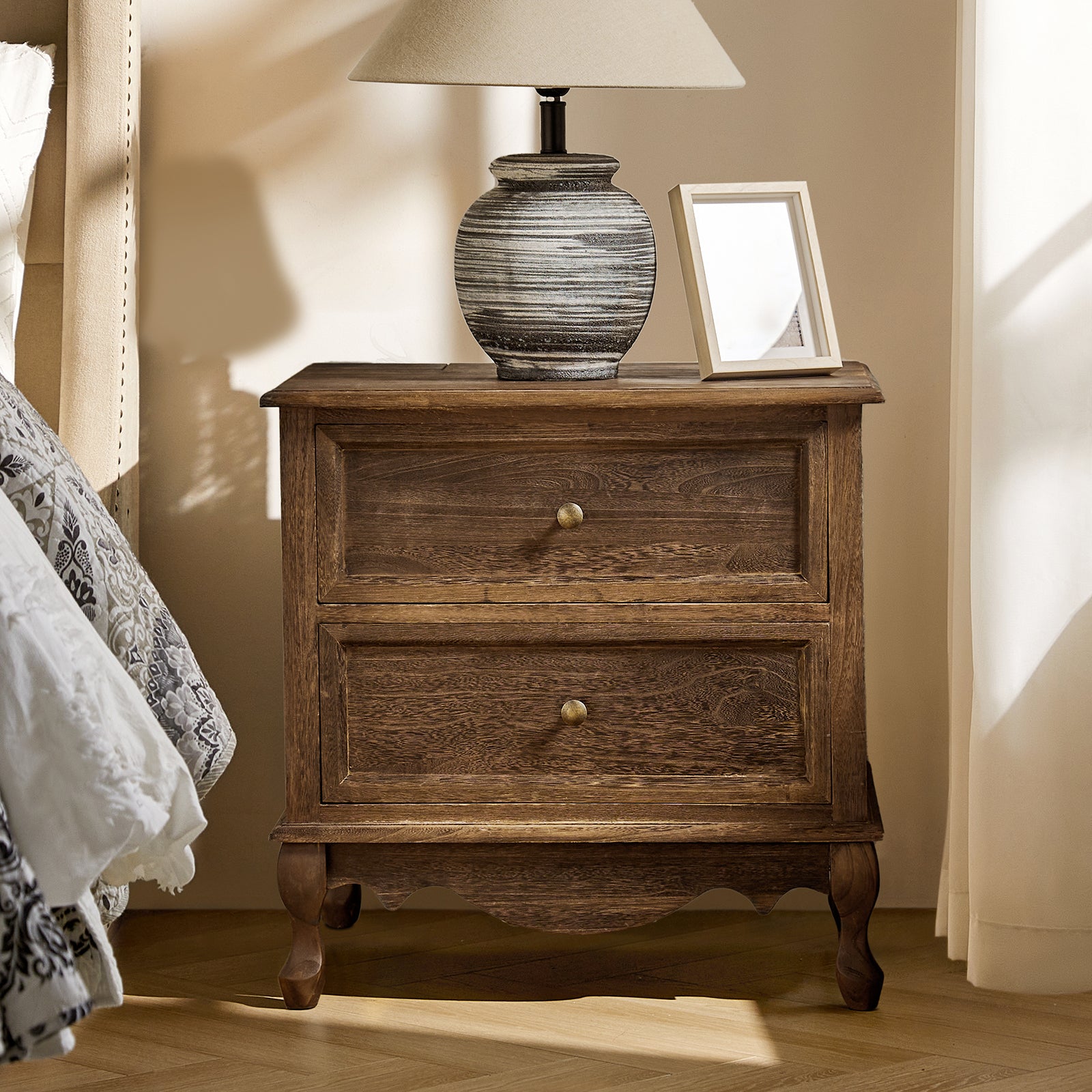 Wooden Nightstand with Charging Station Space 2 Drawers Bedside Table Bedroom Living Room
