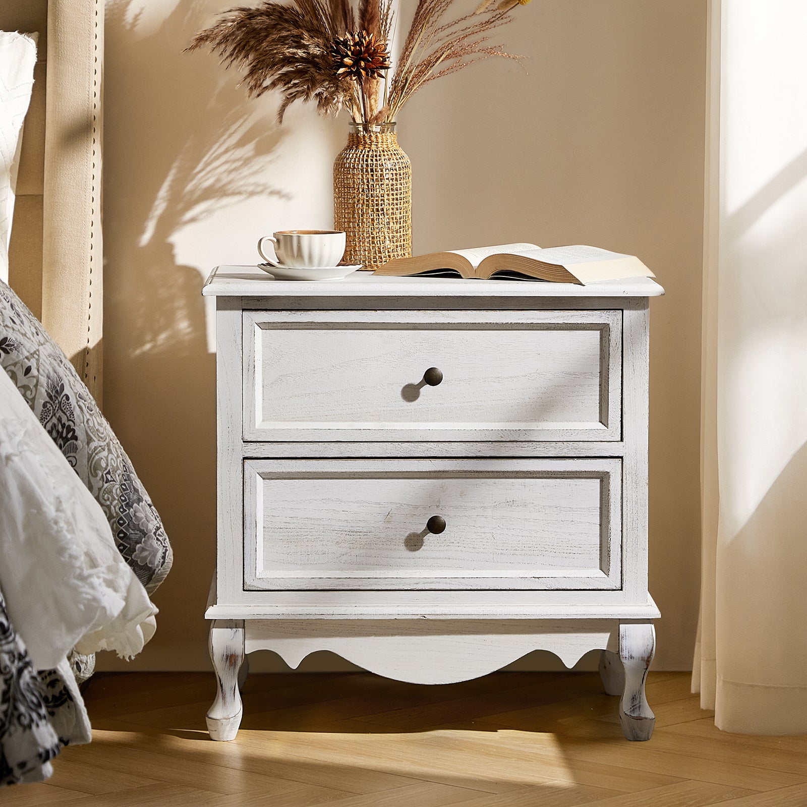 Wooden Nightstand with Charging Station Space 2 Drawers Bedside Table Bedroom Living Room