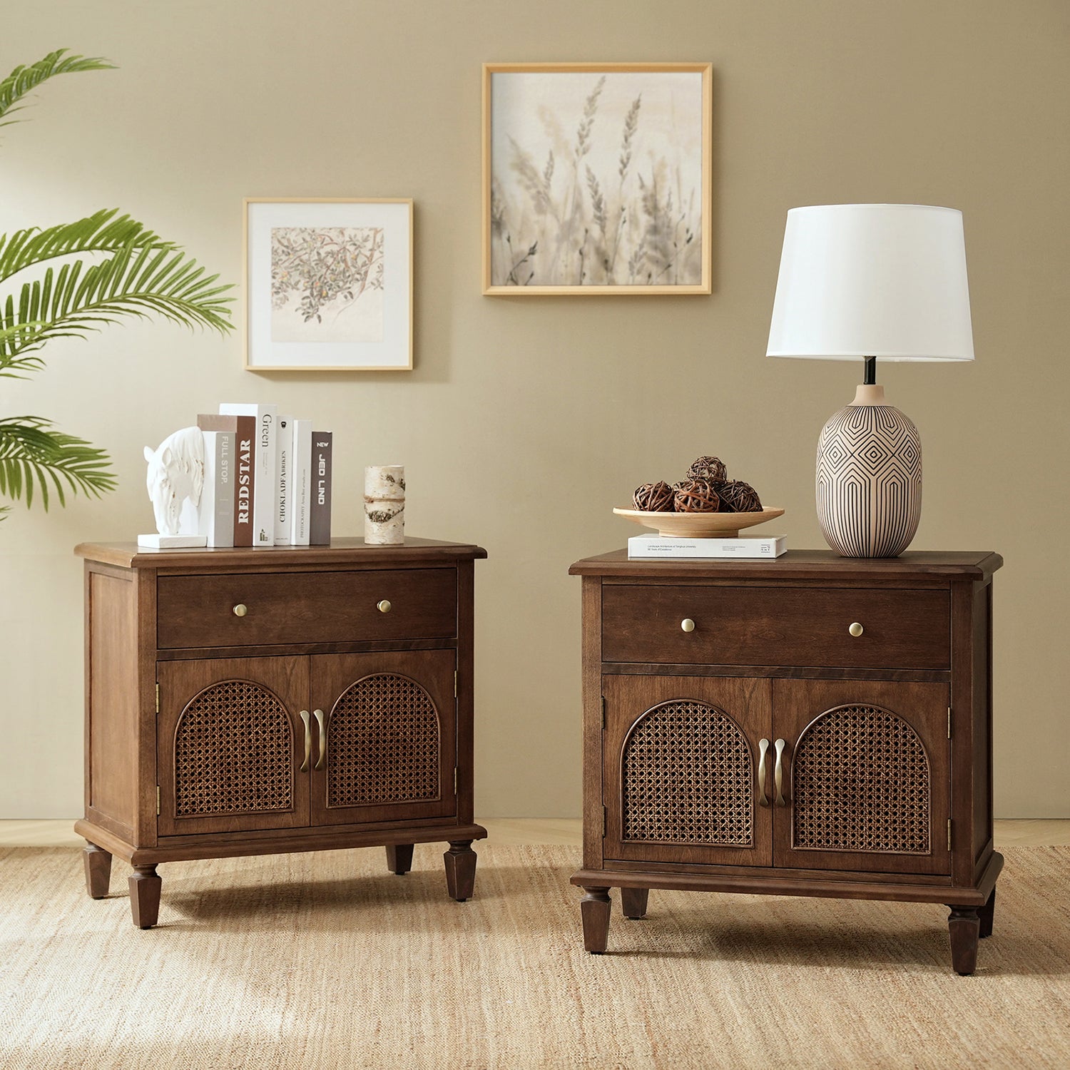 27" Tall Traditional Soild Wood End Table with Charging Station & Adjustable Shelf, Side Table for Apartment and Living Room