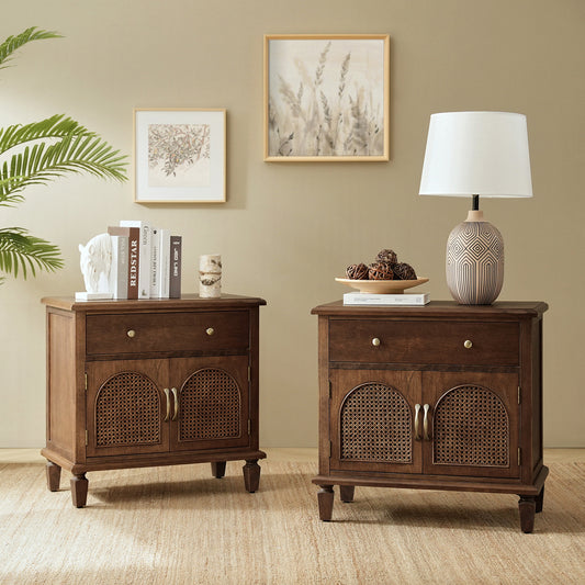 27" Tall Traditional Soild Wood End Table with Charging Station & Adjustable Shelf, Side Table for Apartment and Living Room