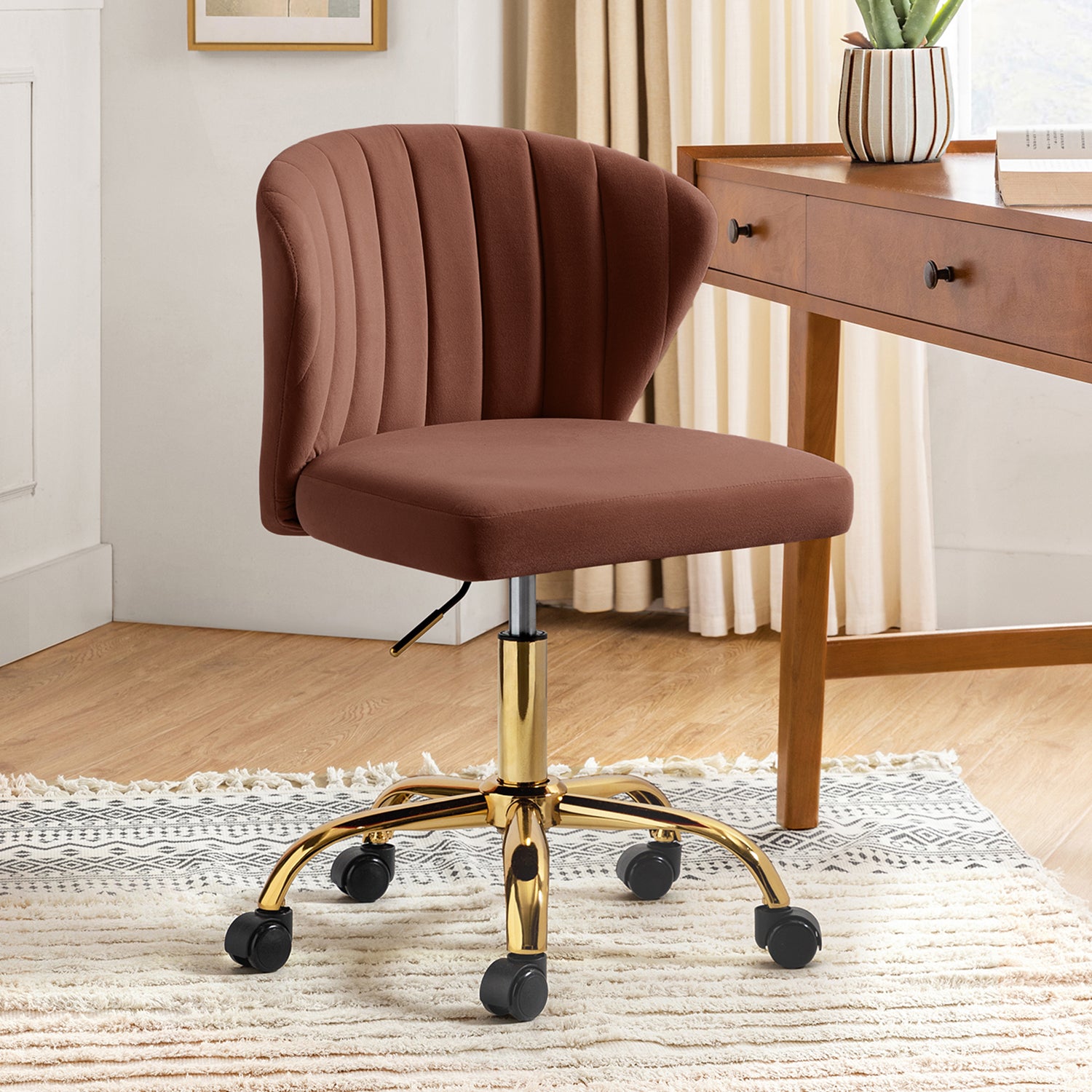 Velvet Swivel Office Chair with Gold Legs, Adjustable Height Rolling Desk Chair for Vanity