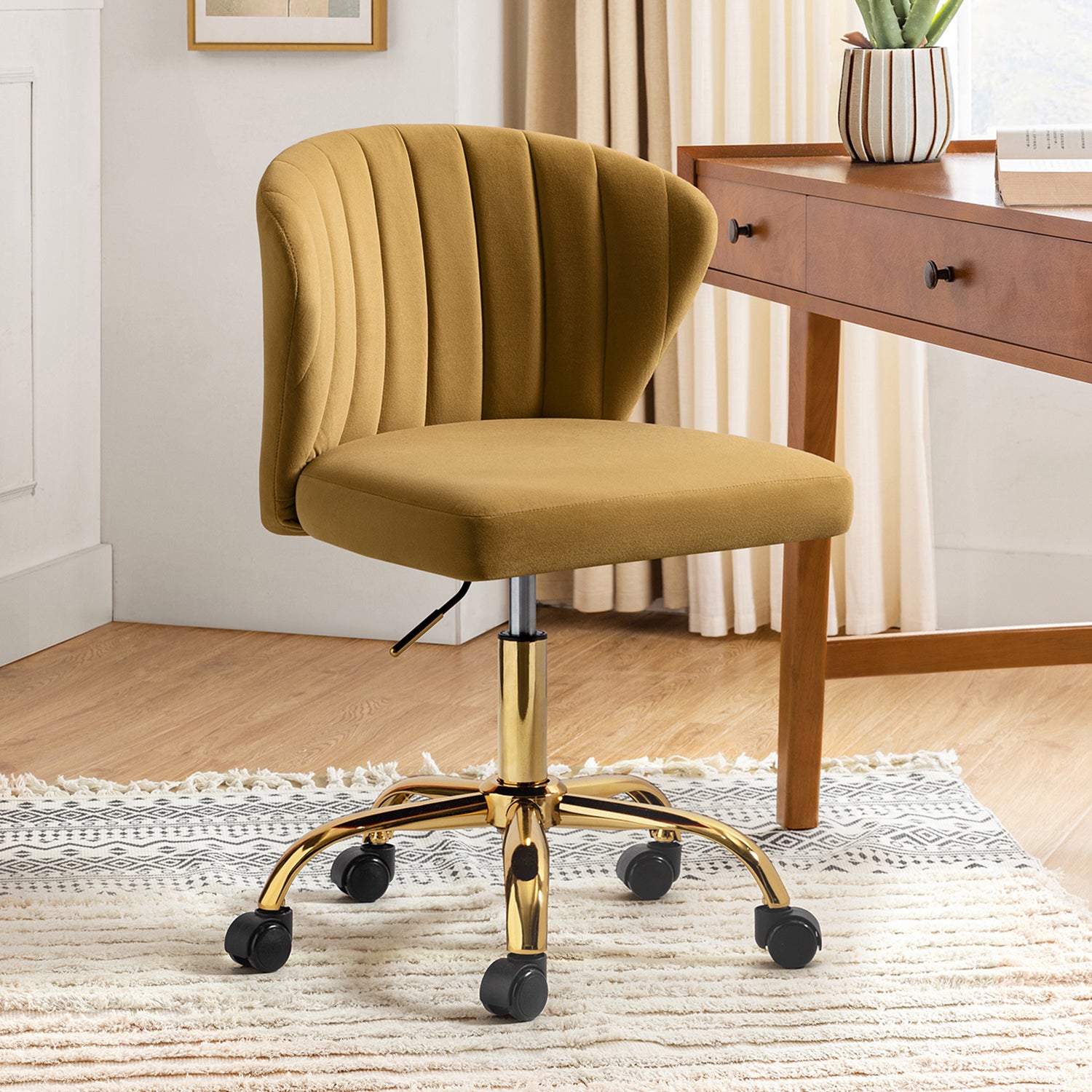 Velvet Swivel Office Chair with Gold Legs, Adjustable Height Rolling Desk Chair for Vanity