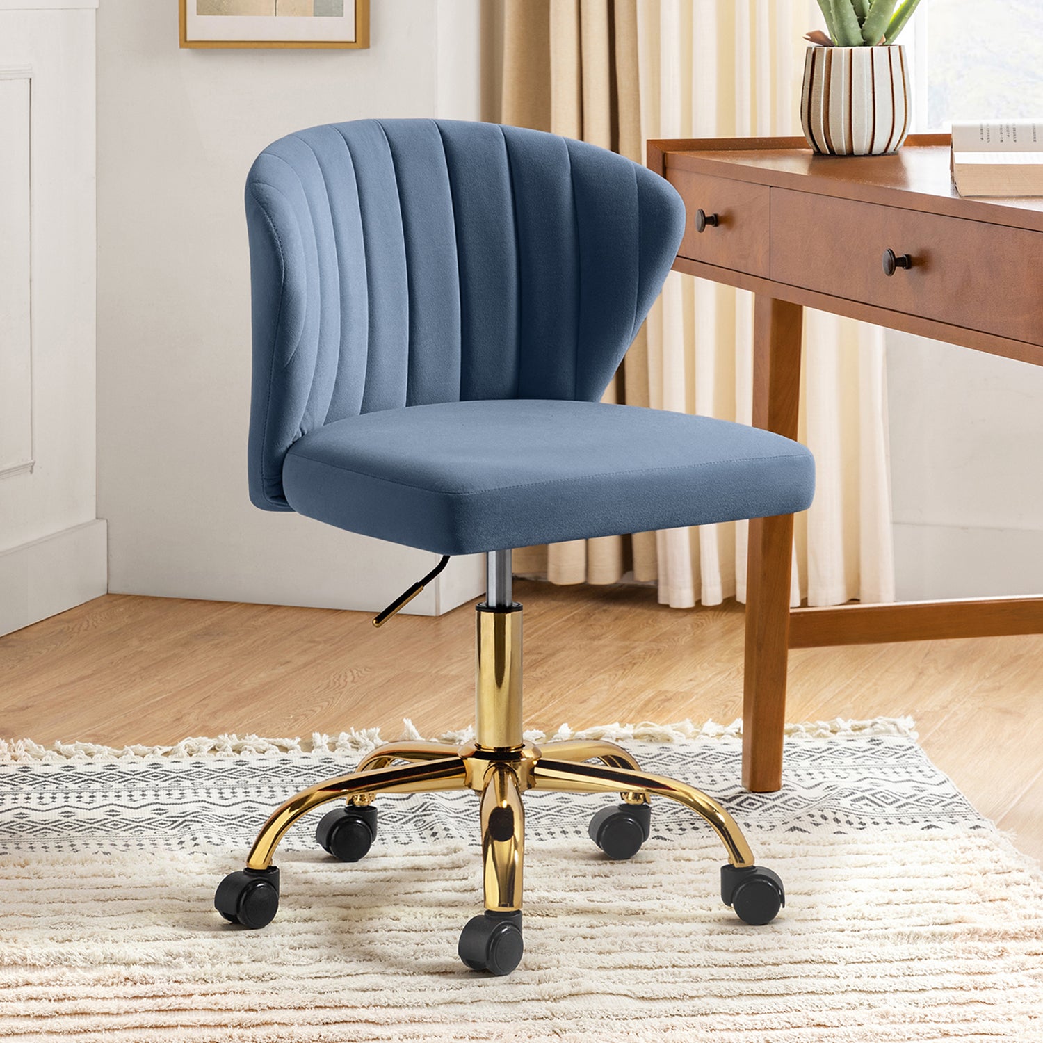 Velvet Swivel Office Chair with Gold Legs, Adjustable Height Rolling Desk Chair for Vanity