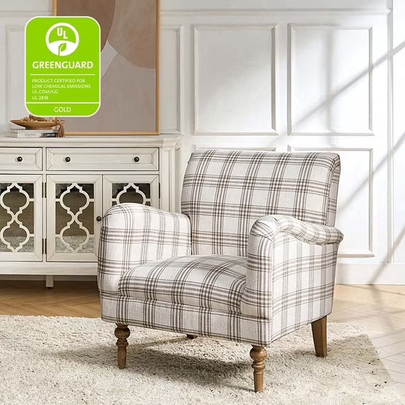 Farmhouse Plaid Accent Chair with Carved Wood Legs ,29.5”W Upholstered Rustic Armchair for Living Room, Bedroom or Reading Nook, GREENGUARD Certified
