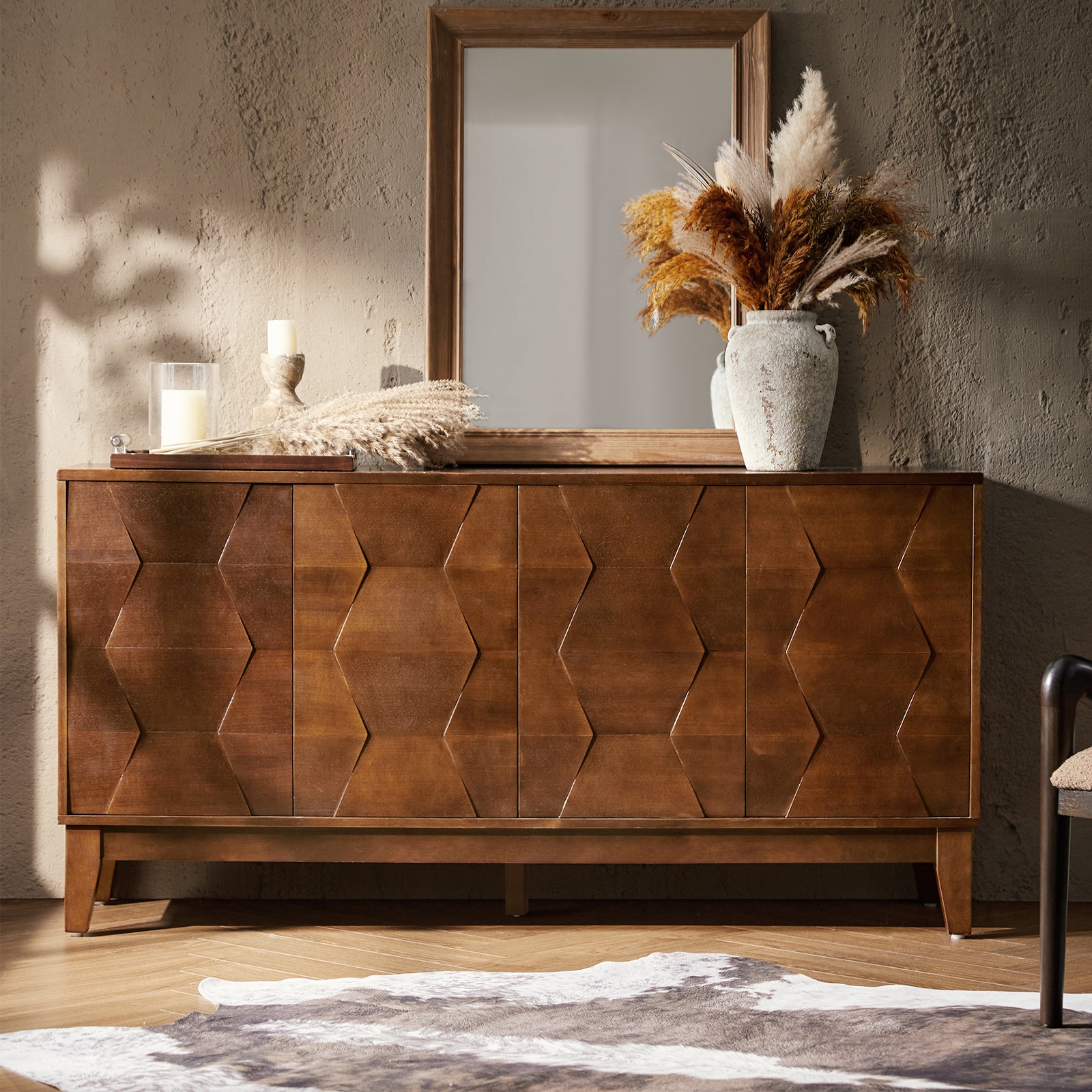 4 Doors Storage Credenza and Sideboard Buffet Cabinet with Adjustable Shelves Solid Wood Legs