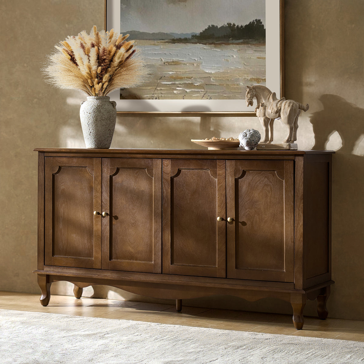 French Country Sideboard Buffet Server 4-Door Storage Cabinet with Adjustable Shelves & Wood Legs