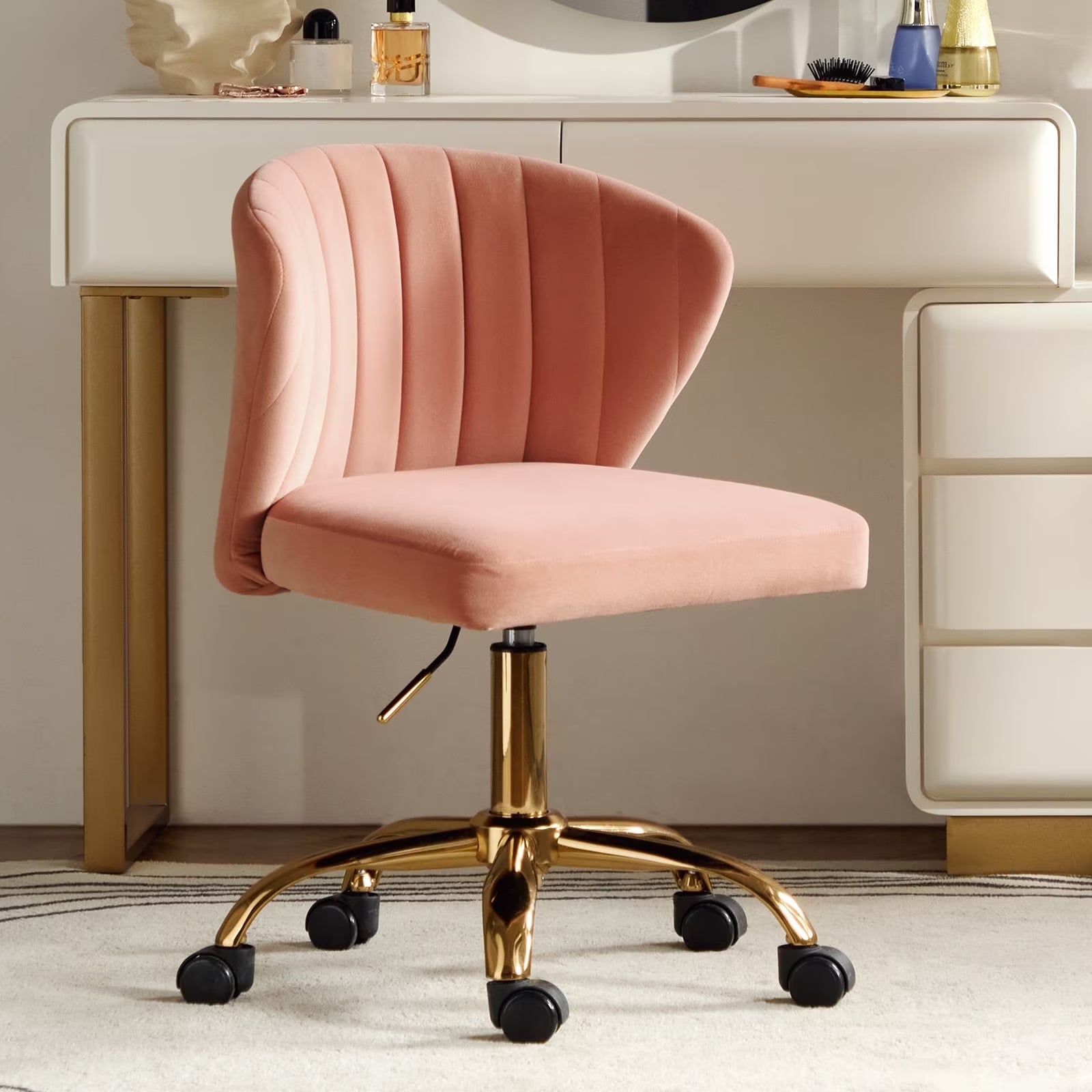 Velvet Swivel Office Chair with Gold Legs, Adjustable Height Rolling Desk Chair for Vanity
