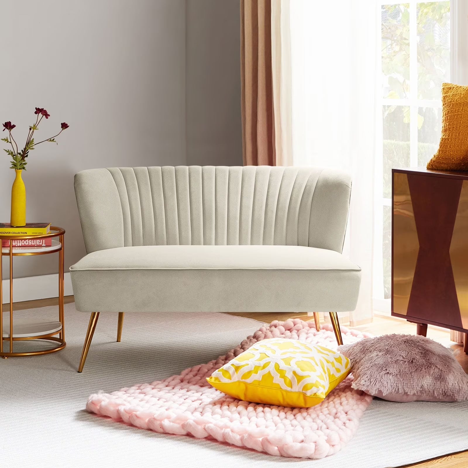 Velvet Upholstered Loveseat Sofa with Gold Metal Legs, White Tufted Back Home Bedroom