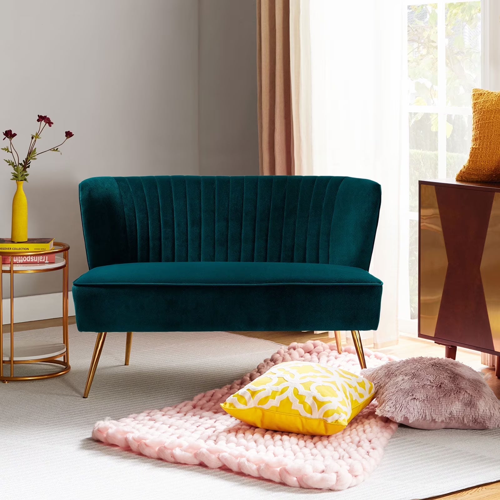 Velvet Upholstered Loveseat Sofa with Gold Metal Legs, White Tufted Back Home Bedroom