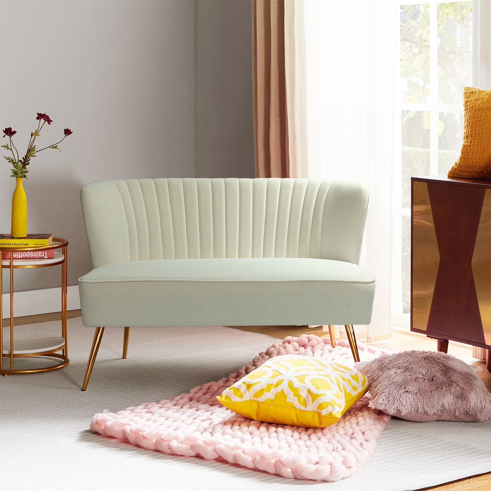 Velvet Upholstered Loveseat Sofa with Gold Metal Legs, White Tufted Back Home Bedroom