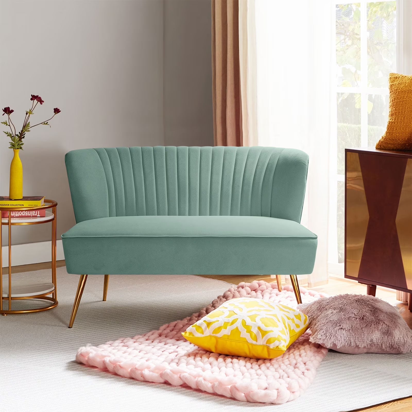 Velvet Upholstered Loveseat Sofa with Gold Metal Legs, White Tufted Back Home Bedroom