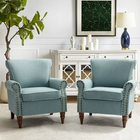 Upholstered Sofa Armchair Fabric Wingback Accent Chair Wood Legs Nailhead Trim Home Living Room Bedroom