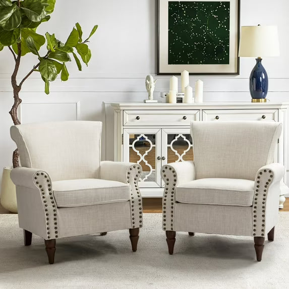 Upholstered Sofa Armchair Fabric Wingback Accent Chair Wood Legs Nailhead Trim Home Living Room Bedroom