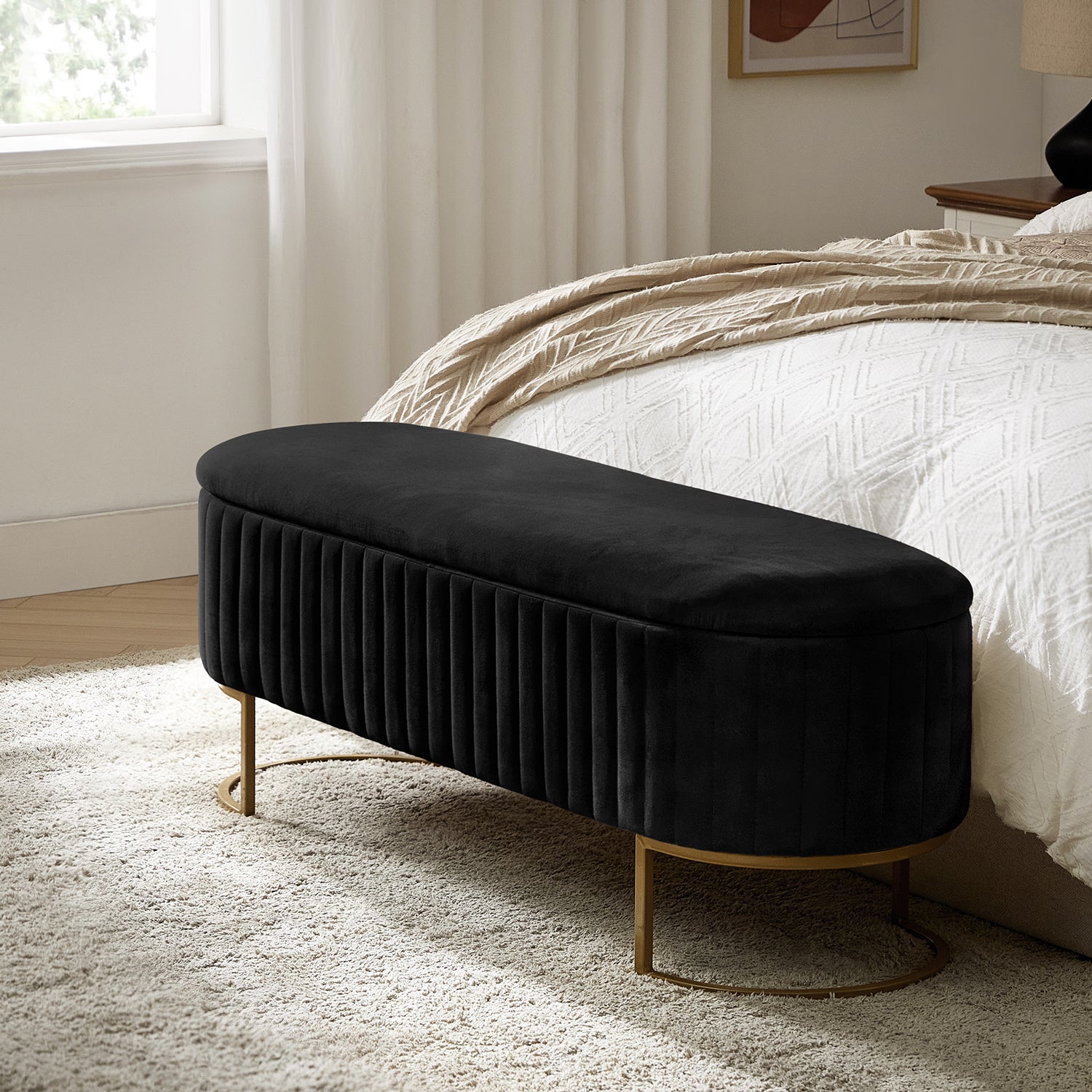 Sleek Geometric-Storage Ottoman Bench: Plush Seat & Versatile Organizer for Living Room, Bedroom, Entryway 50.5"W*16"D*19"H