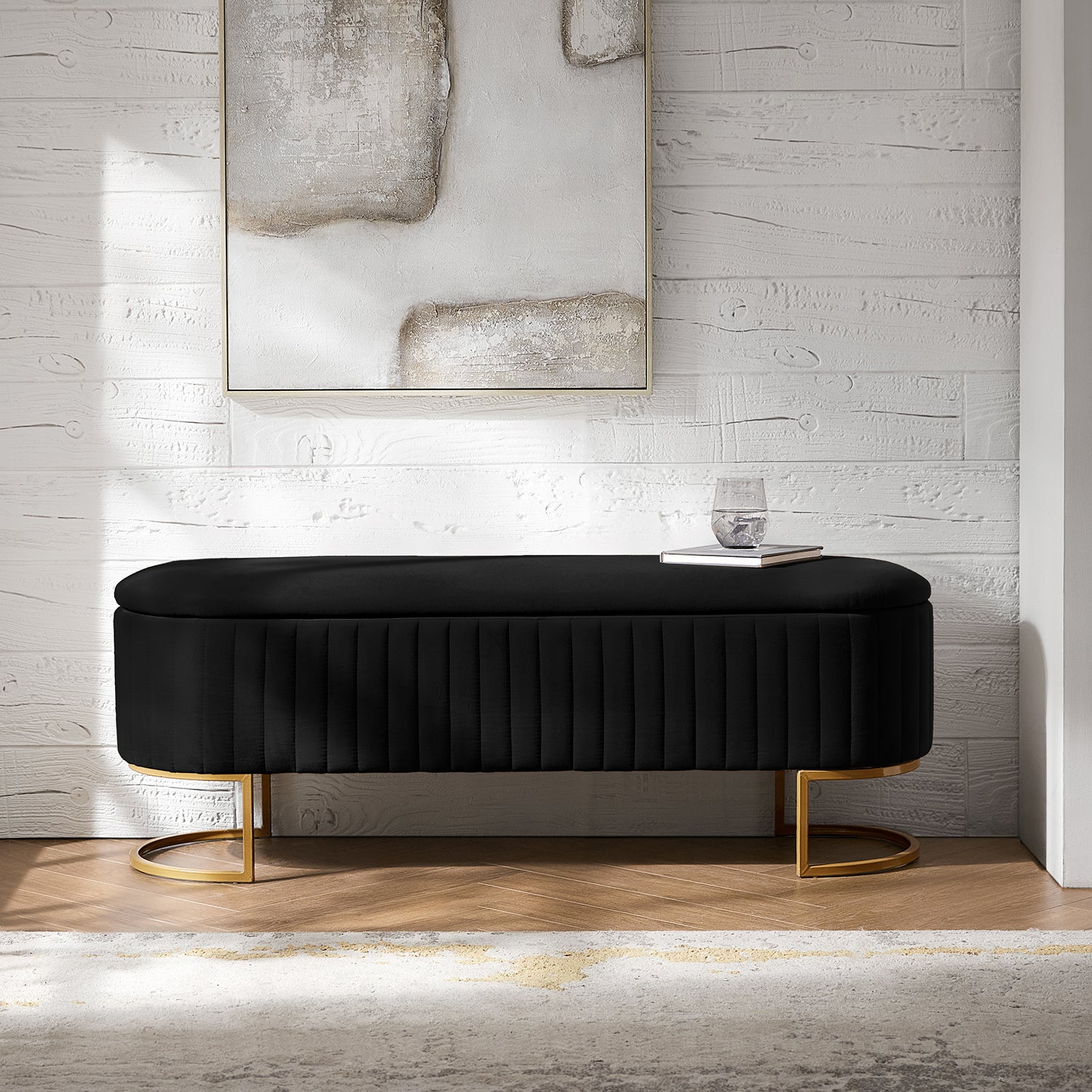 Sleek Geometric-Storage Ottoman Bench: Plush Seat & Versatile Organizer for Living Room, Bedroom, Entryway 50.5"W*16"D*19"H