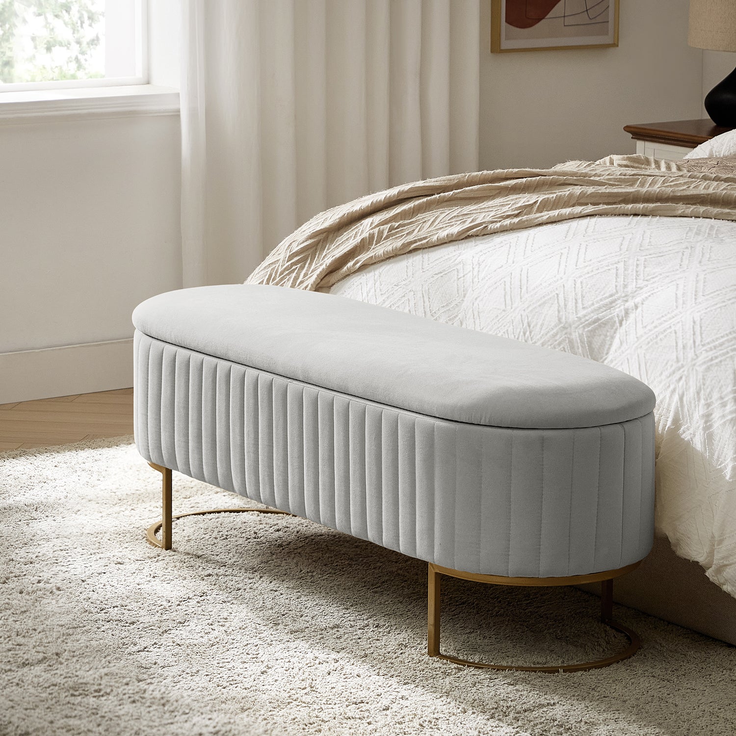 Sleek Geometric-Storage Ottoman Bench: Plush Seat & Versatile Organizer for Living Room, Bedroom, Entryway 50.5"W*16"D*19"H