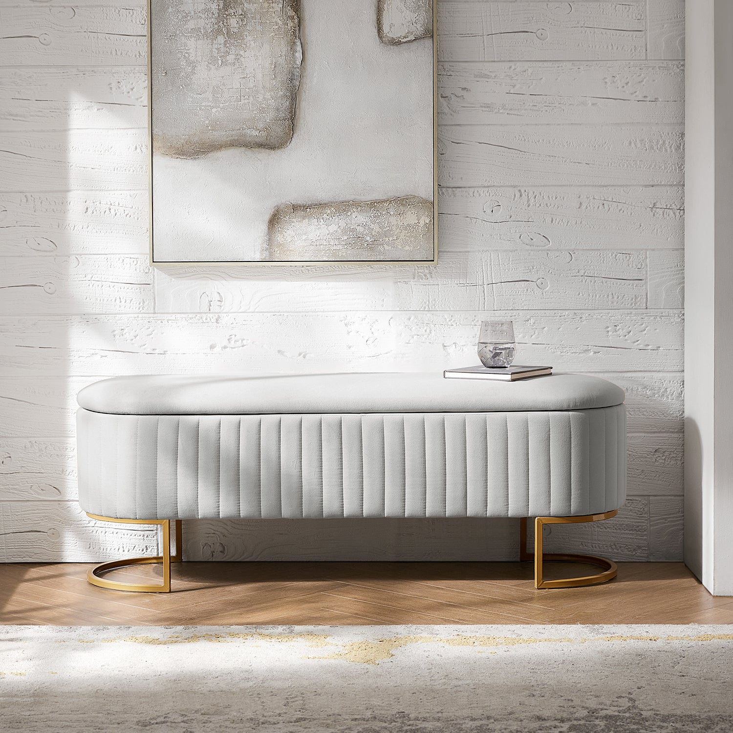 Sleek Geometric-Storage Ottoman Bench: Plush Seat & Versatile Organizer for Living Room, Bedroom, Entryway 50.5"W*16"D*19"H