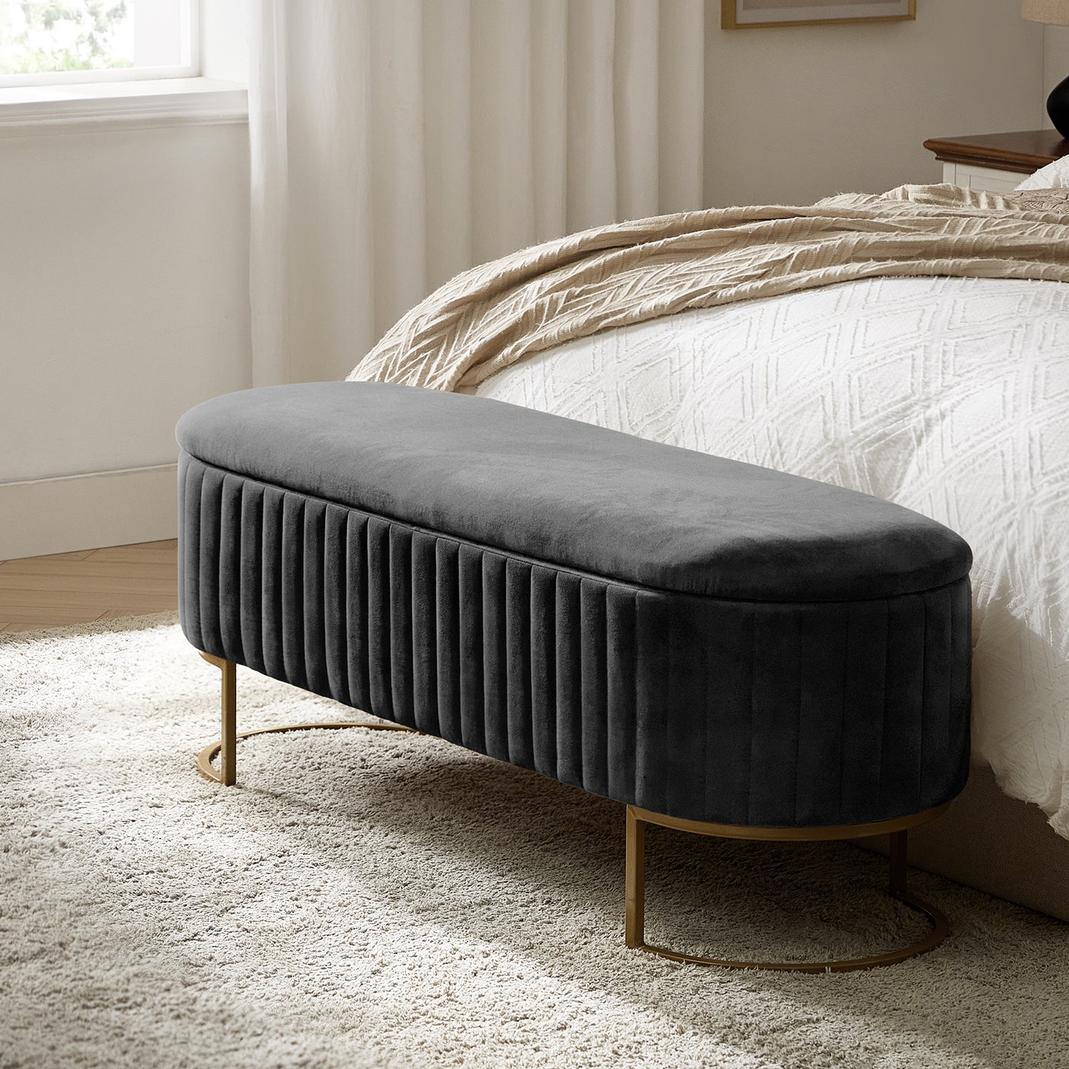 Sleek Geometric-Storage Ottoman Bench: Plush Seat & Versatile Organizer for Living Room, Bedroom, Entryway 50.5"W*16"D*19"H