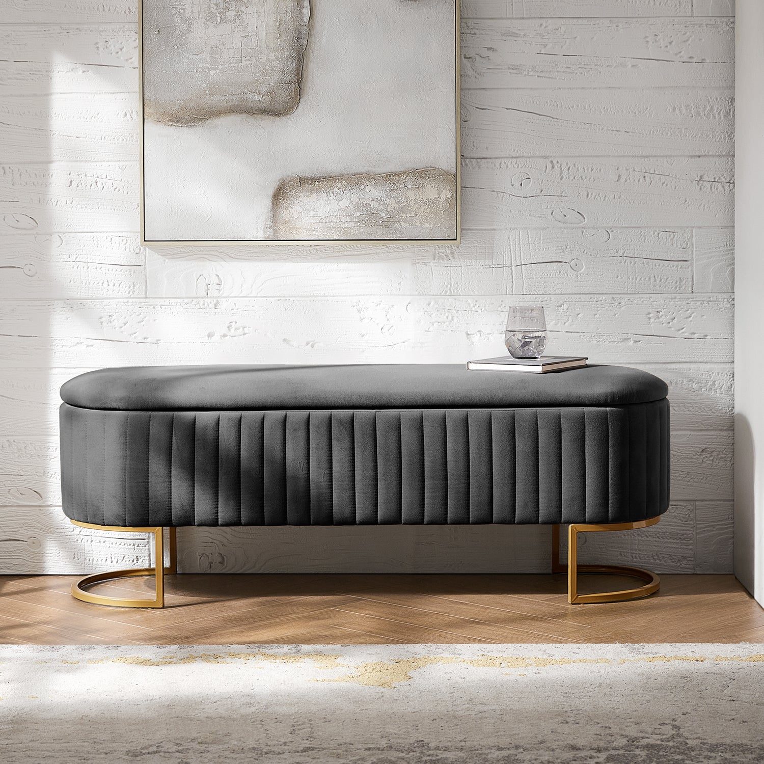 Sleek Geometric-Storage Ottoman Bench: Plush Seat & Versatile Organizer for Living Room, Bedroom, Entryway 50.5"W*16"D*19"H