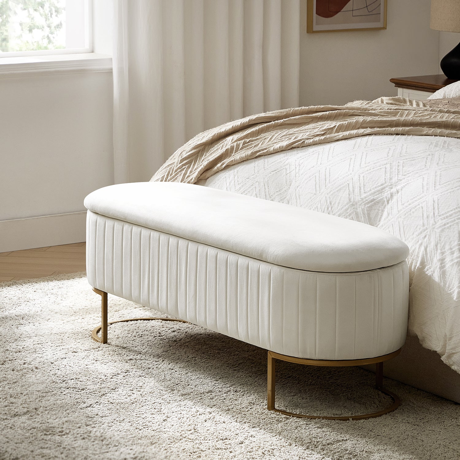 Sleek Geometric-Storage Ottoman Bench: Plush Seat & Versatile Organizer for Living Room, Bedroom, Entryway 50.5"W*16"D*19"H