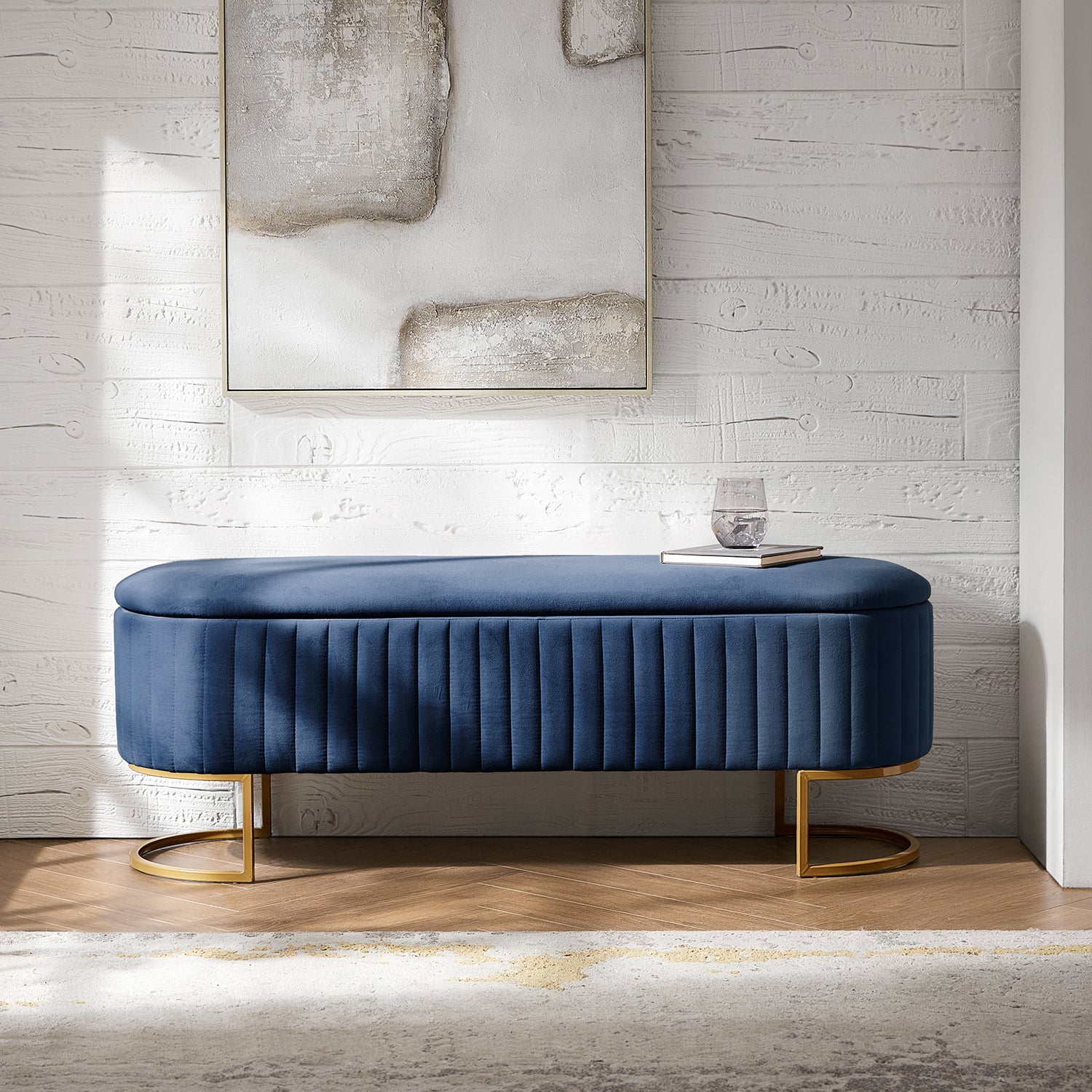 Sleek Geometric-Storage Ottoman Bench: Plush Seat & Versatile Organizer for Living Room, Bedroom, Entryway 50.5"W*16"D*19"H