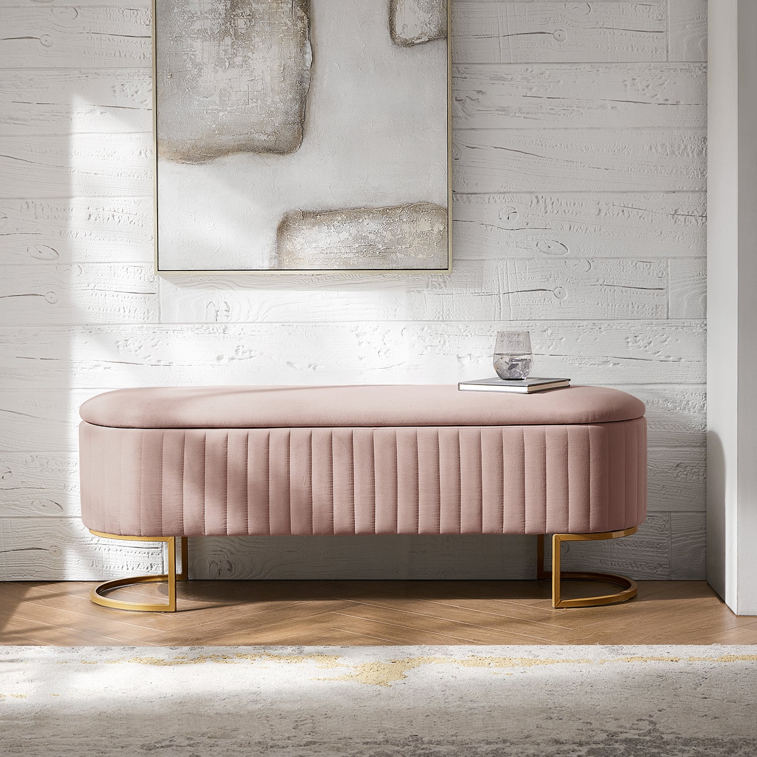 Sleek Geometric-Storage Ottoman Bench: Plush Seat & Versatile Organizer for Living Room, Bedroom, Entryway 50.5"W*16"D*19"H