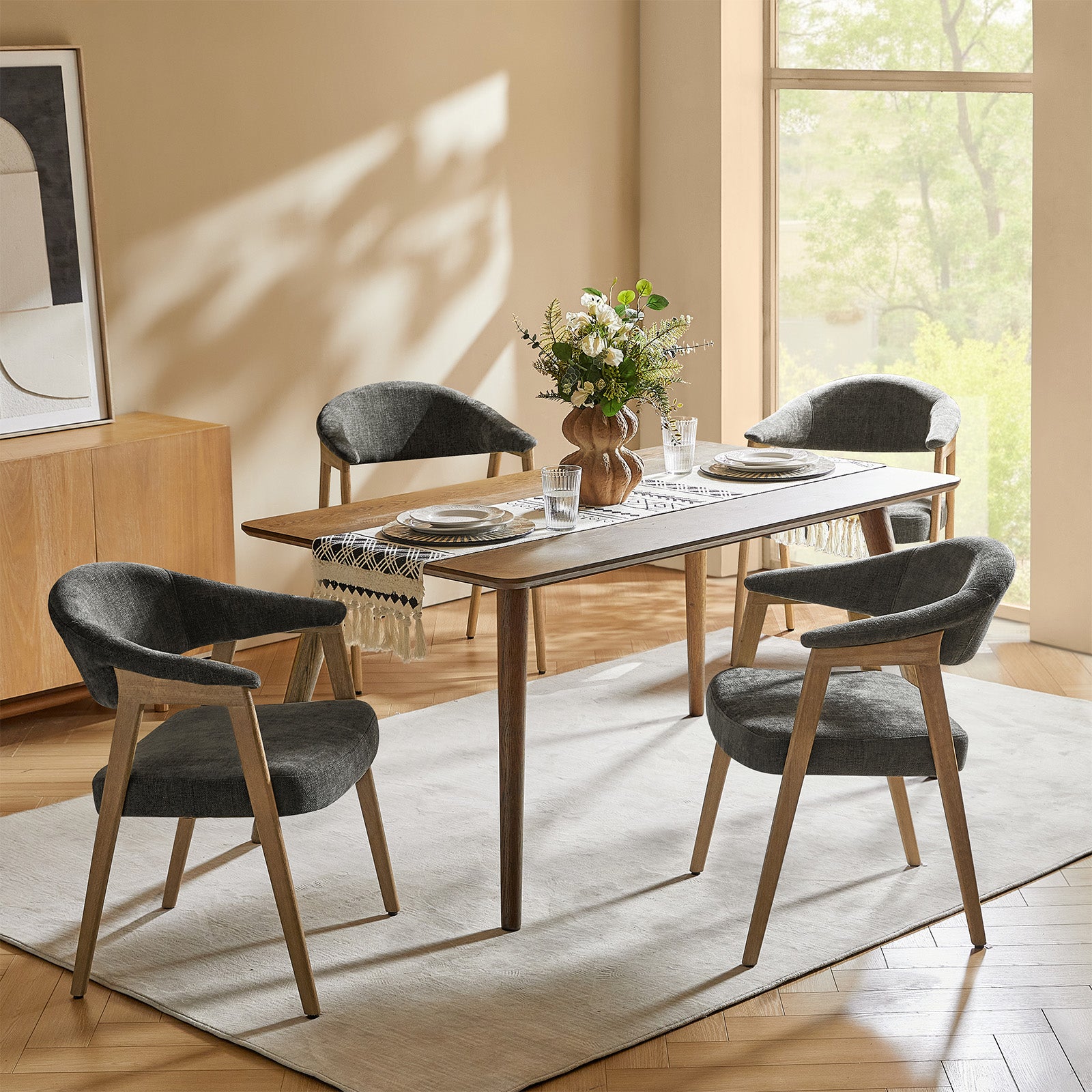 Upholstered Dining Chair Set of 2 with Ergonomic Curved Backrest and Solid Wooden Legs for Dining Room Kitchen Living Room