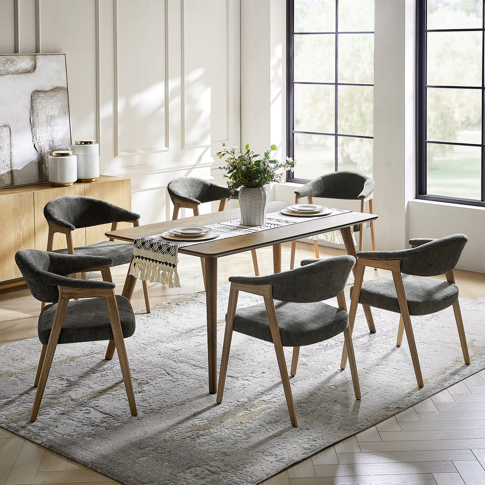 Upholstered Dining Chair Set of 2 with Ergonomic Curved Backrest and Solid Wooden Legs for Dining Room Kitchen Living Room