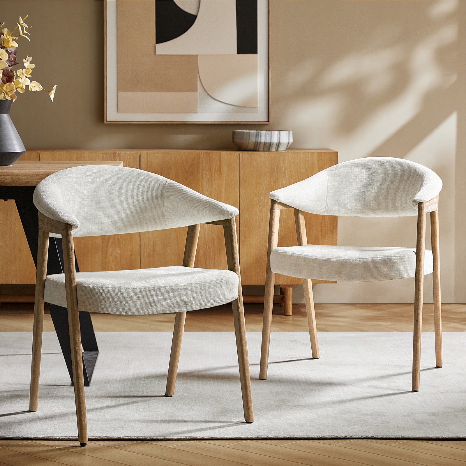 Upholstered Dining Chair Set of 2 with Ergonomic Curved Backrest and Solid Wooden Legs for Dining Room Kitchen Living Room