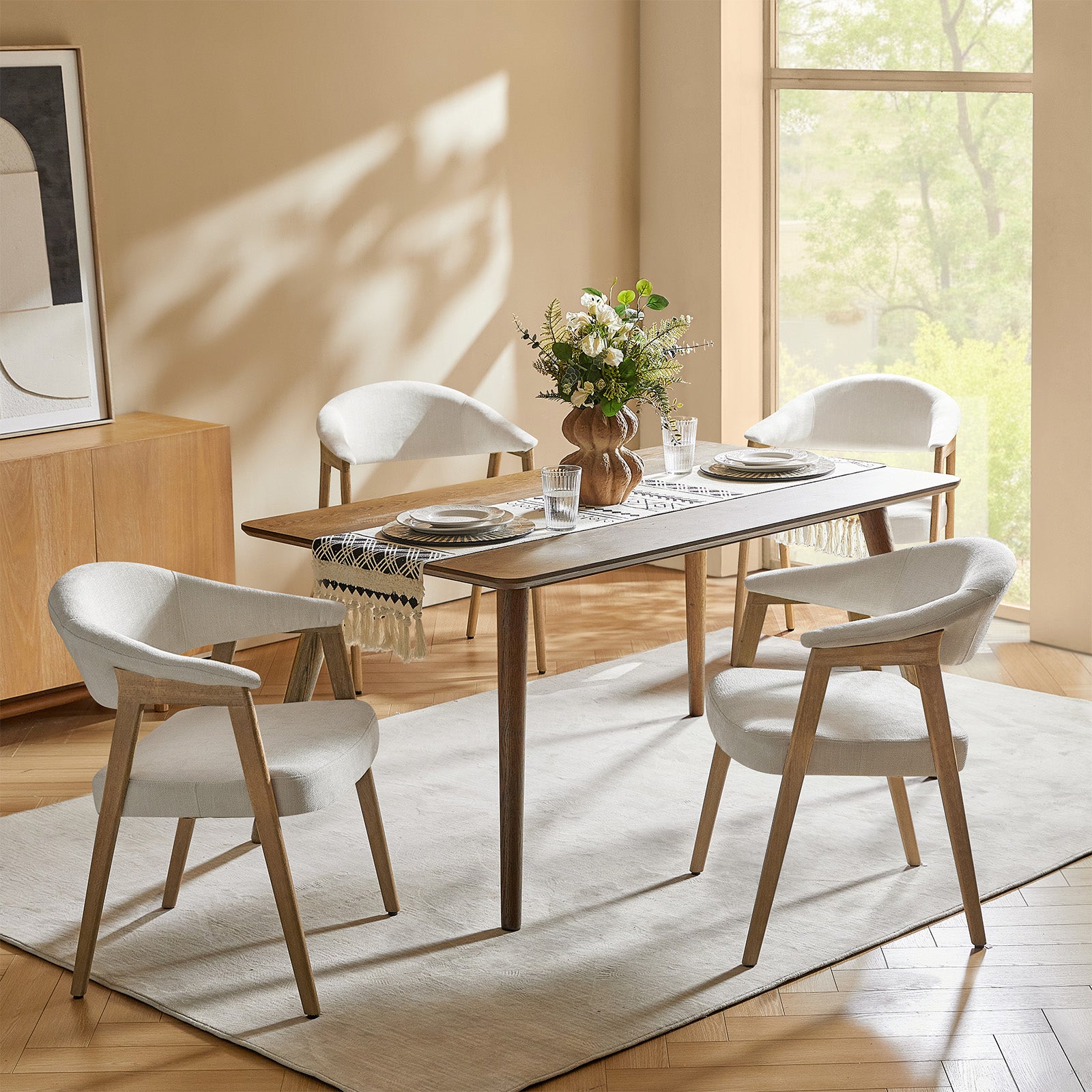 Upholstered Dining Chair Set of 2 with Ergonomic Curved Backrest and Solid Wooden Legs for Dining Room Kitchen Living Room