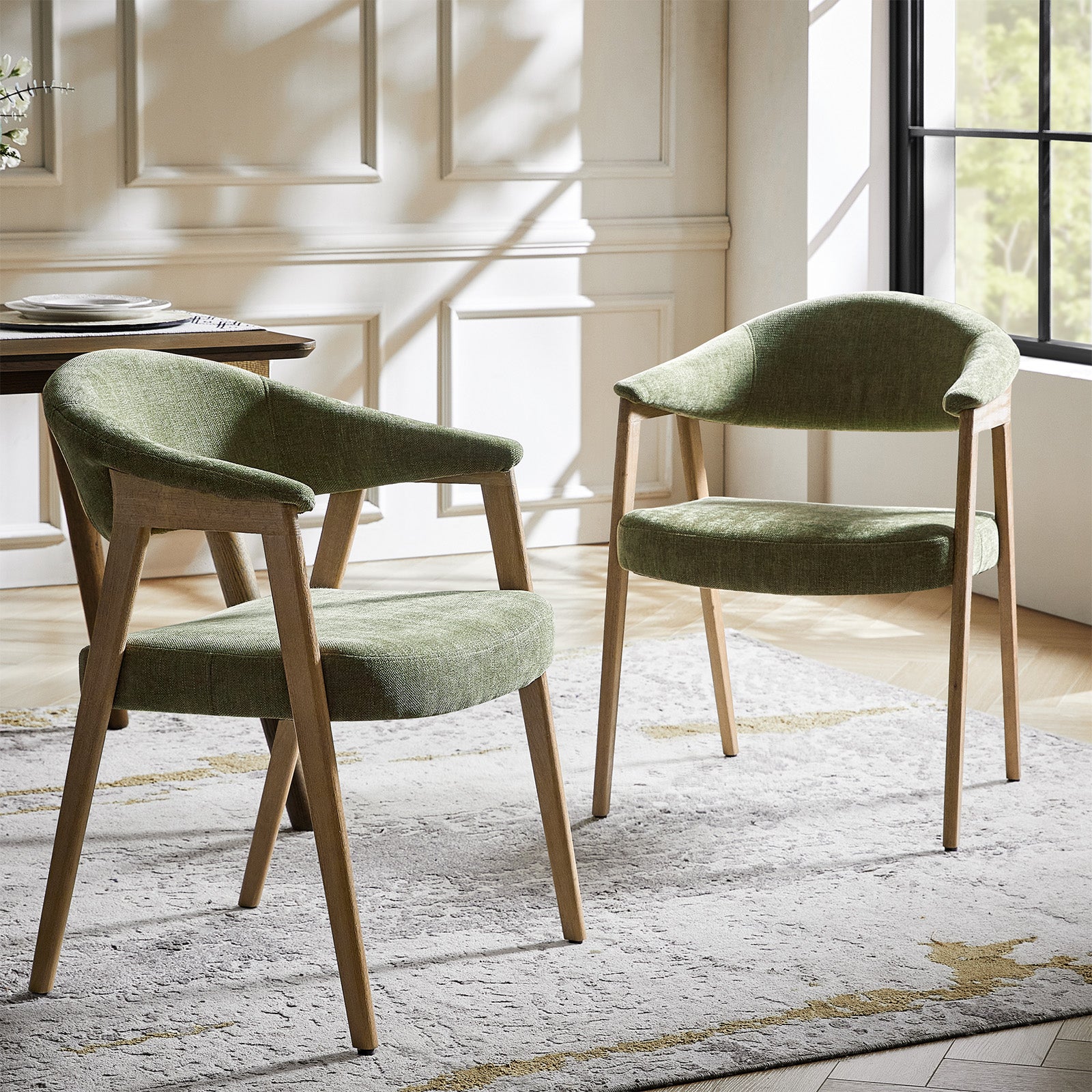 Upholstered Dining Chair Set of 2 with Ergonomic Curved Backrest and Solid Wooden Legs for Dining Room Kitchen Living Room