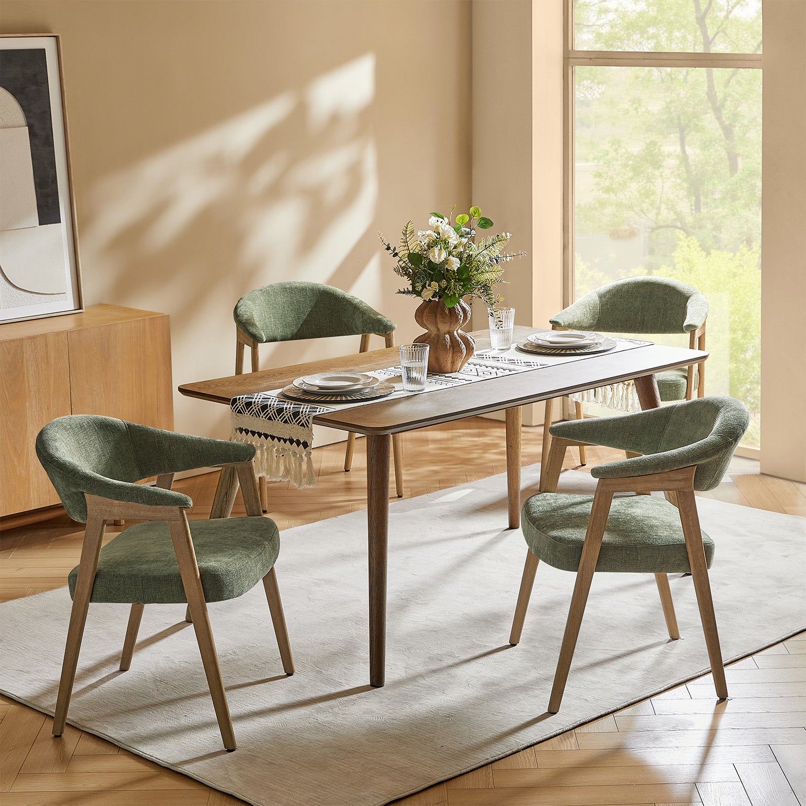 Upholstered Dining Chair Set of 2 with Ergonomic Curved Backrest and Solid Wooden Legs for Dining Room Kitchen Living Room
