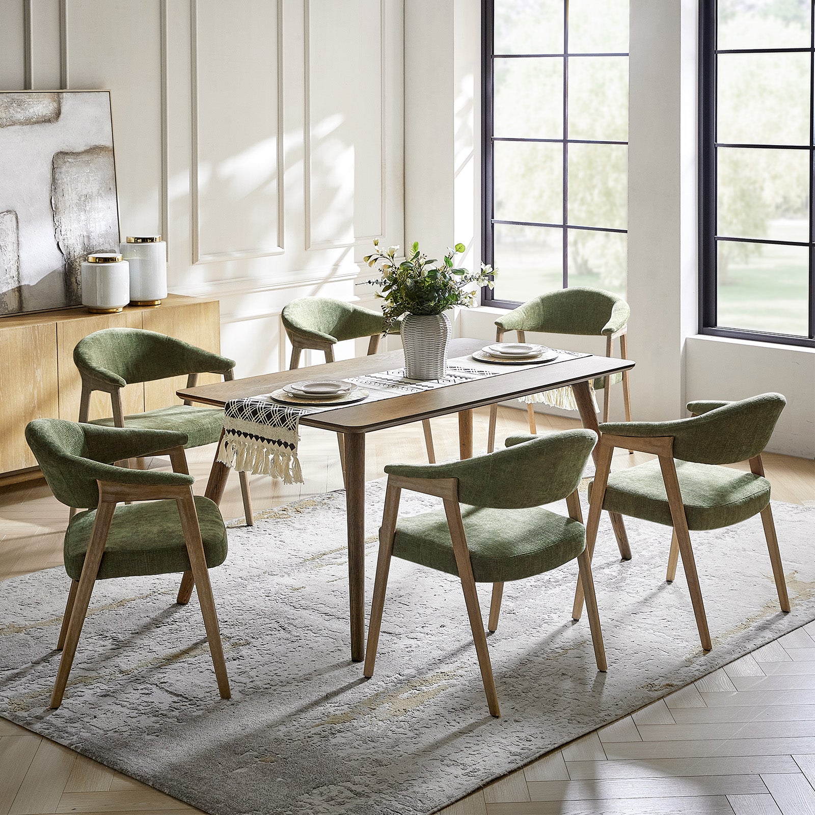 Upholstered Dining Chair Set of 2 with Ergonomic Curved Backrest and Solid Wooden Legs for Dining Room Kitchen Living Room
