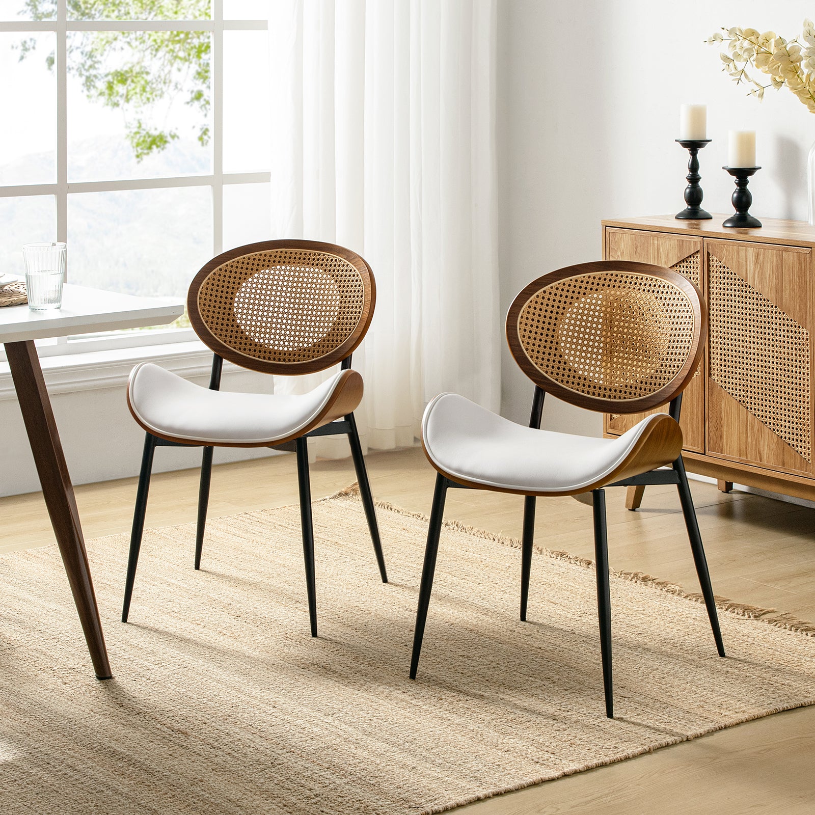 Rattan Dining Chairs  Faux Leather Side Chair Mid-Century Metal Legs Home Kitchen Restaurant