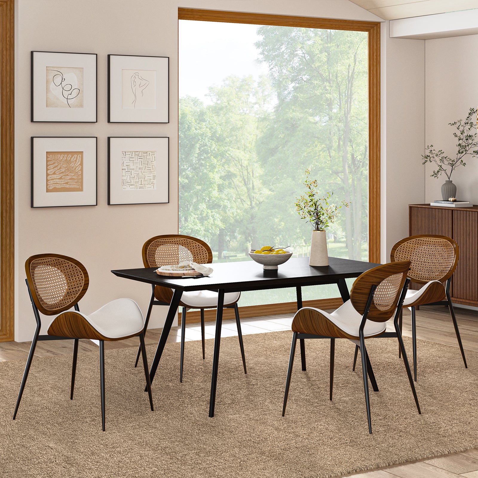 Rattan Dining Chairs  Faux Leather Side Chair Mid-Century Metal Legs Home Kitchen Restaurant