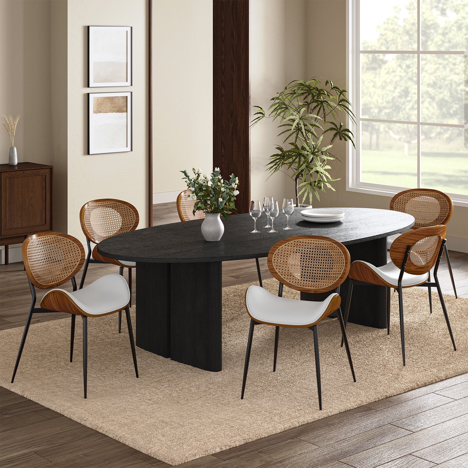 Rattan Dining Chairs  Faux Leather Side Chair Mid-Century Metal Legs Home Kitchen Restaurant