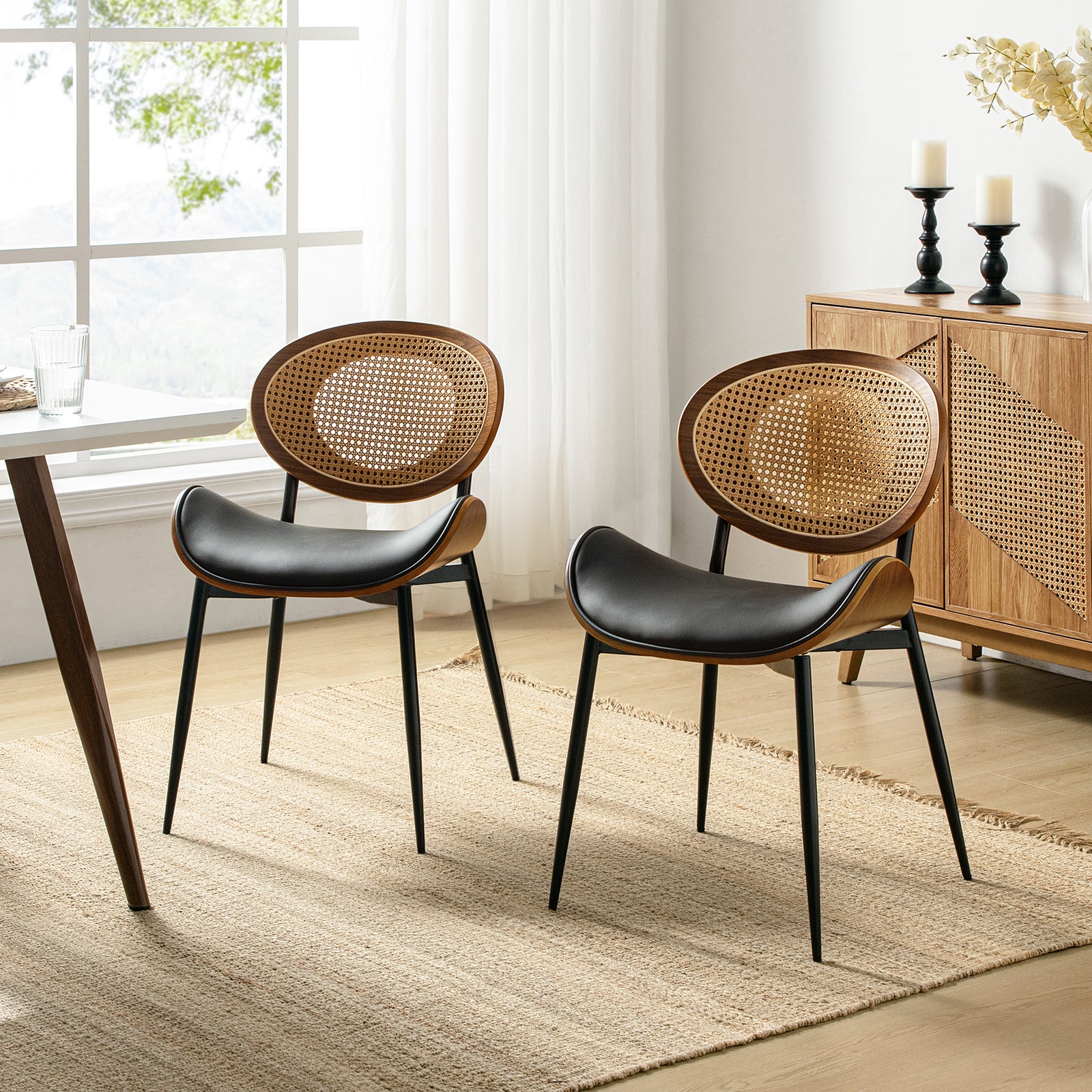 Rattan Dining Chairs  Faux Leather Side Chair Mid-Century Metal Legs Home Kitchen Restaurant