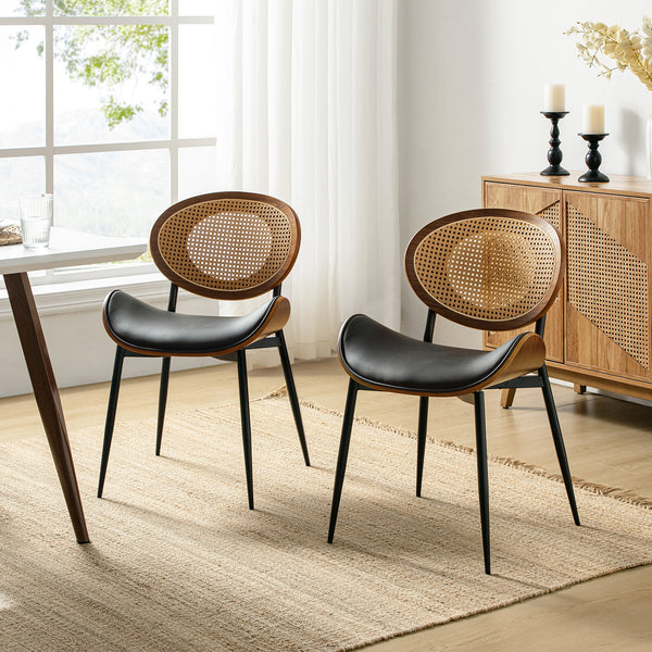 Rattan Dining Chairs  Faux Leather Side Chair Mid-Century Metal Legs Home Kitchen Restaurant
