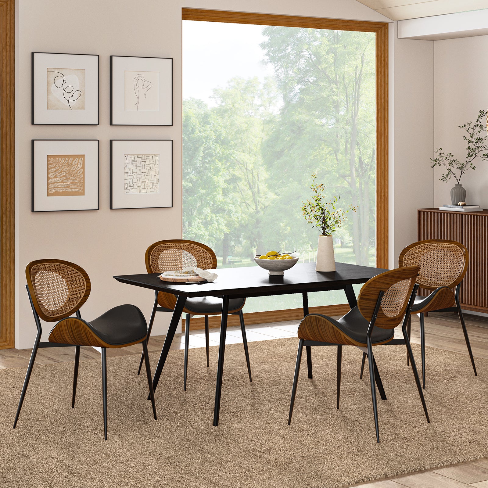 Rattan Dining Chairs  Faux Leather Side Chair Mid-Century Metal Legs Home Kitchen Restaurant