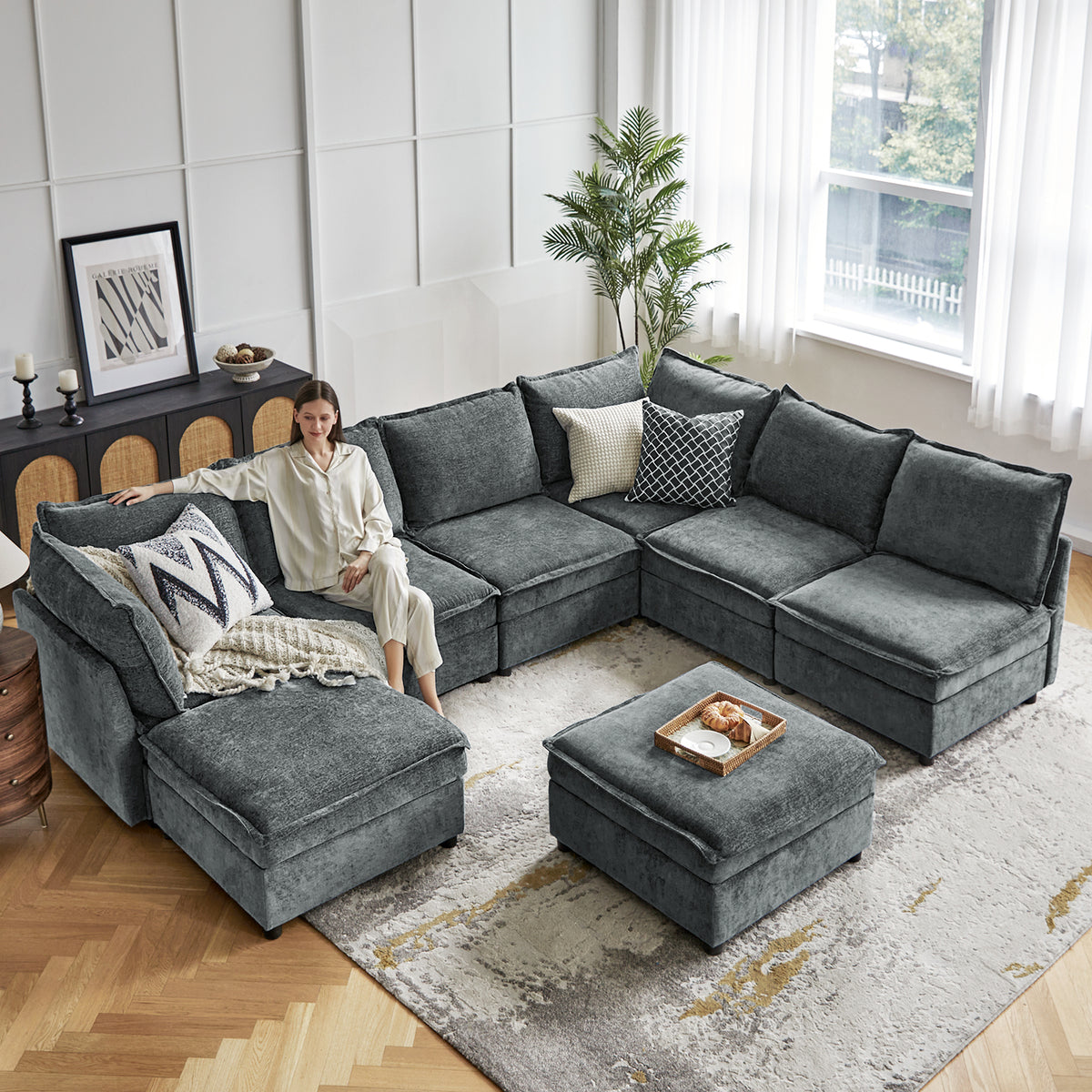 Modular Sectional Sofa, L-Shaped Couch with Storage and Ottoman, Oversized Chenille with Chaise Lounge for Living Room