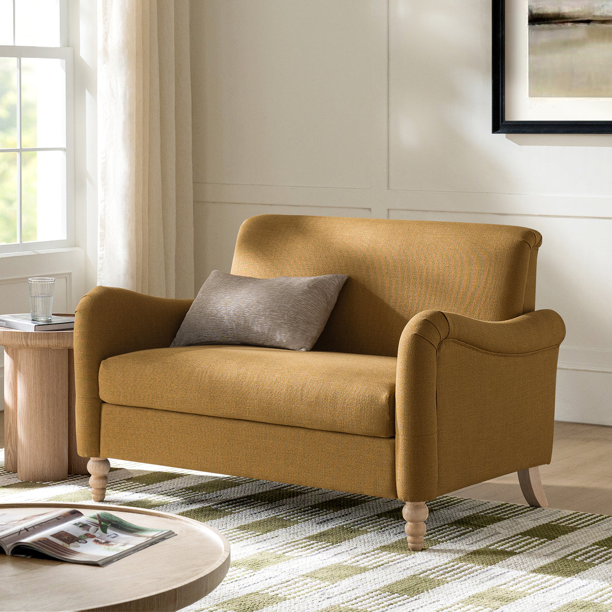 50" Farmhouse Loveseat Sofa, Linen Upholstered Couch with Wide Seat, Sloped Arms and Solid Wood Bobbin Legs