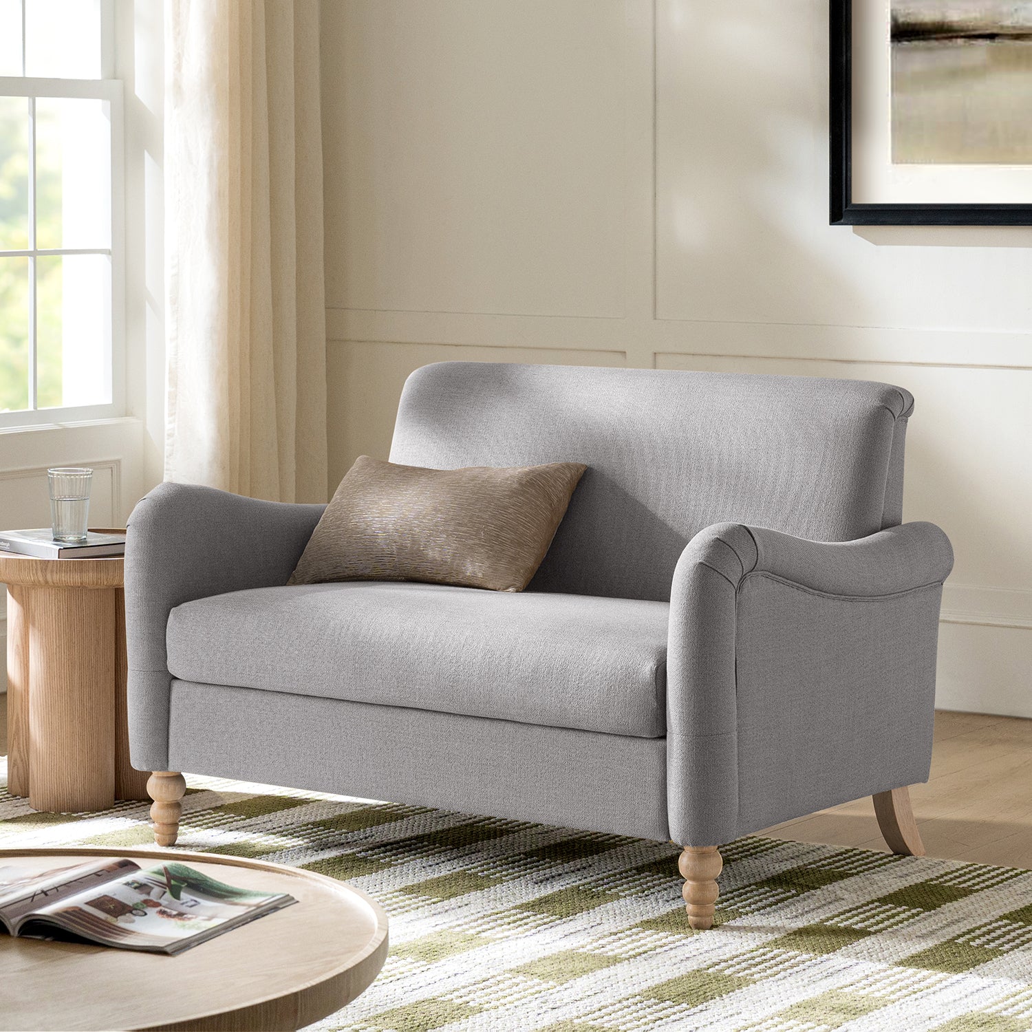 50" Farmhouse Loveseat Sofa, Linen Upholstered Couch with Wide Seat, Sloped Arms and Solid Wood Bobbin Legs