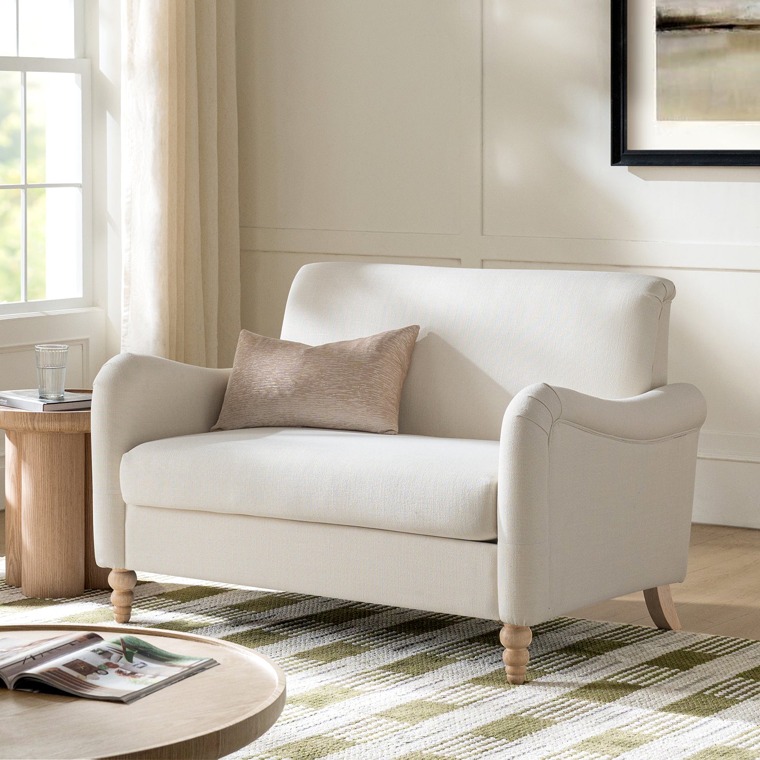 50" Farmhouse Loveseat Sofa, Linen Upholstered Couch with Wide Seat, Sloped Arms and Solid Wood Bobbin Legs