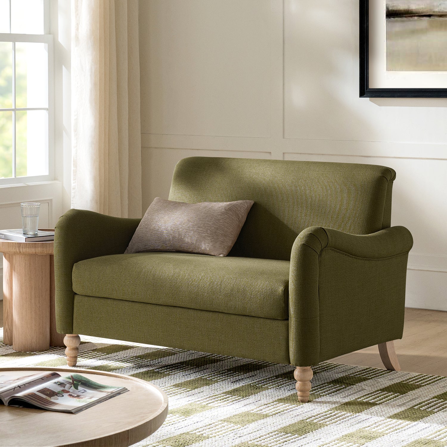 50" Farmhouse Loveseat Sofa, Linen Upholstered Couch with Wide Seat, Sloped Arms and Solid Wood Bobbin Legs