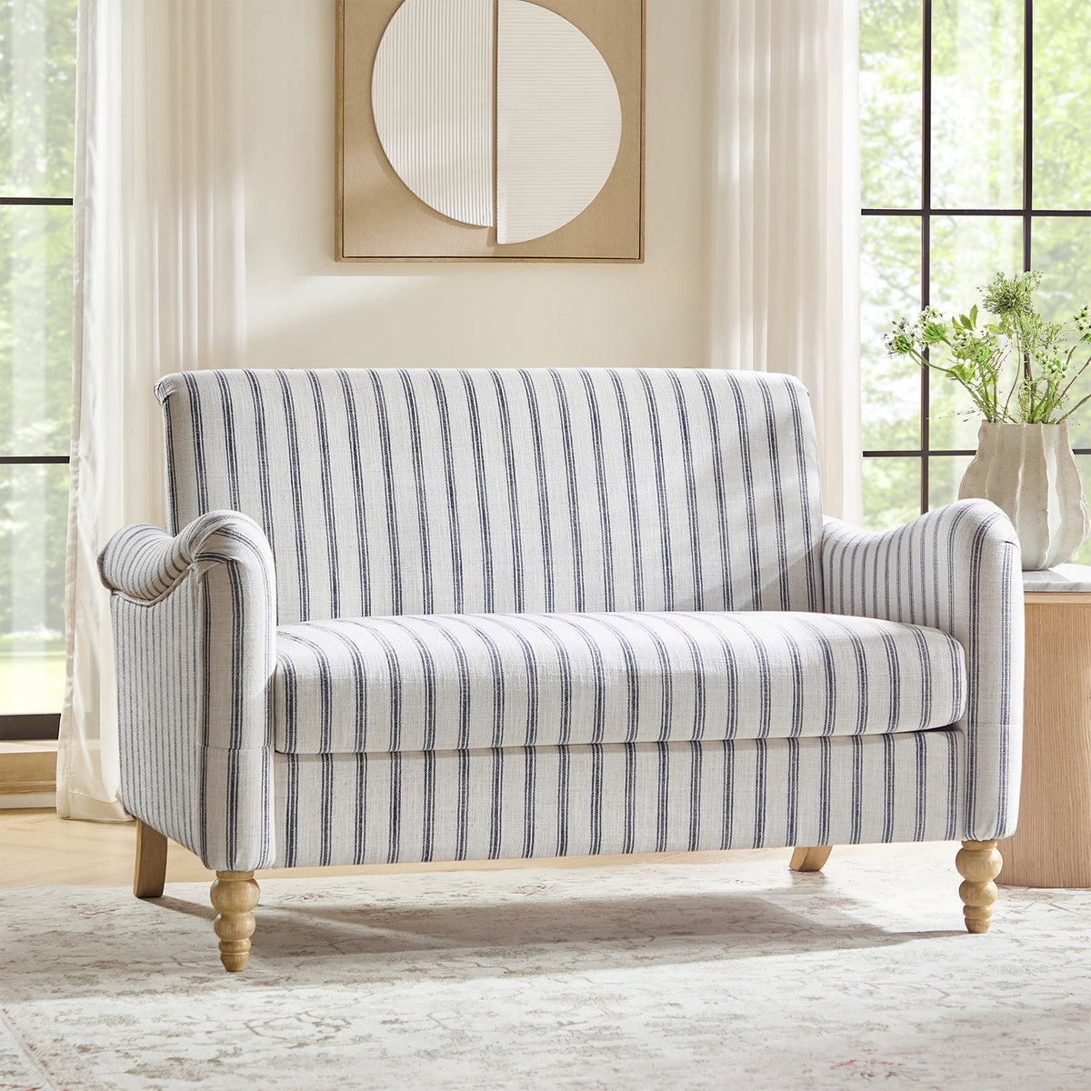 50" Farmhouse Loveseat Sofa, Linen Upholstered Couch with Wide Seat, Sloped Arms and Solid Wood Bobbin Legs