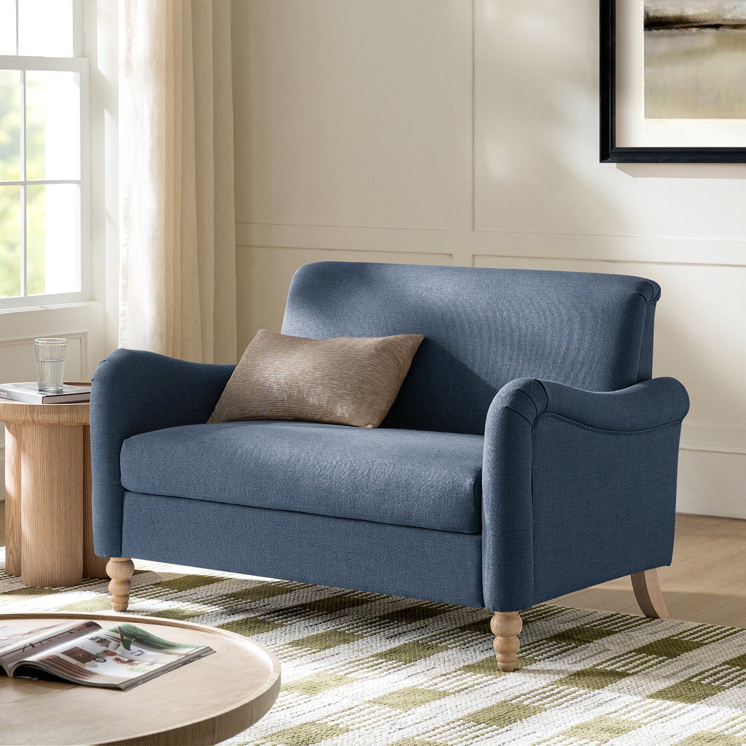 50" Farmhouse Loveseat Sofa, Linen Upholstered Couch with Wide Seat, Sloped Arms and Solid Wood Bobbin Legs
