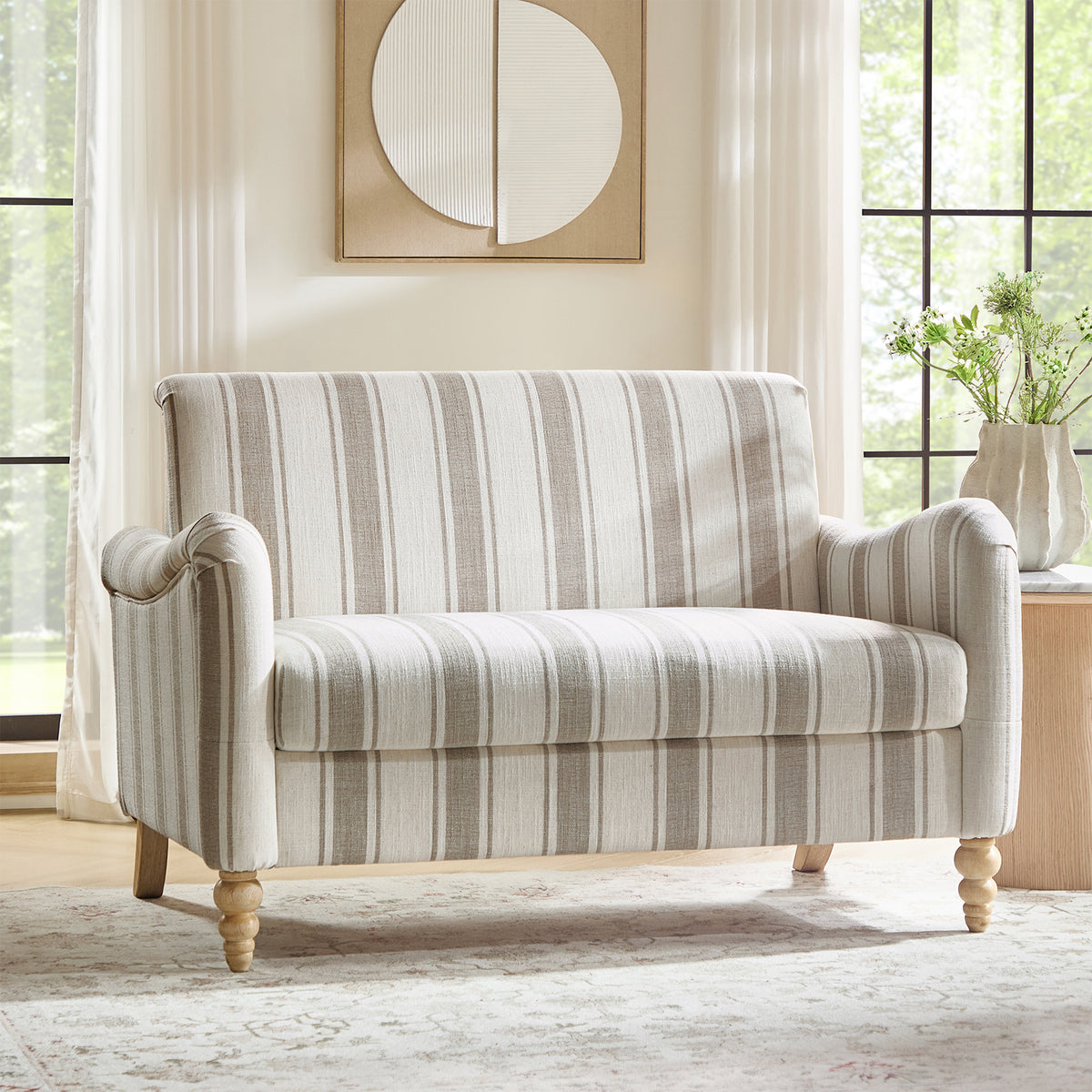 50" Farmhouse Loveseat Sofa, Linen Upholstered Couch with Wide Seat, Sloped Arms and Solid Wood Bobbin Legs